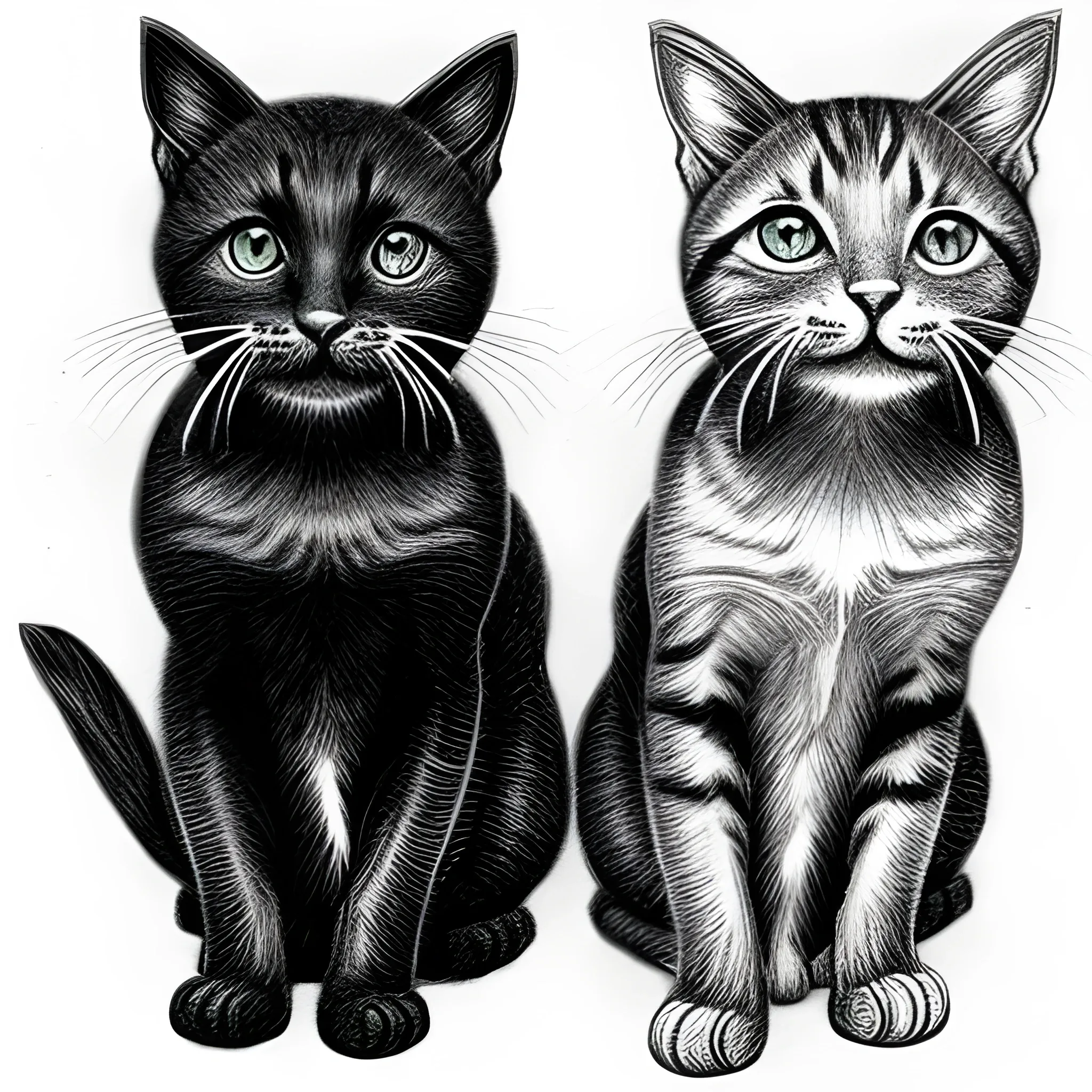 two cats black and white, Pencil Sketch