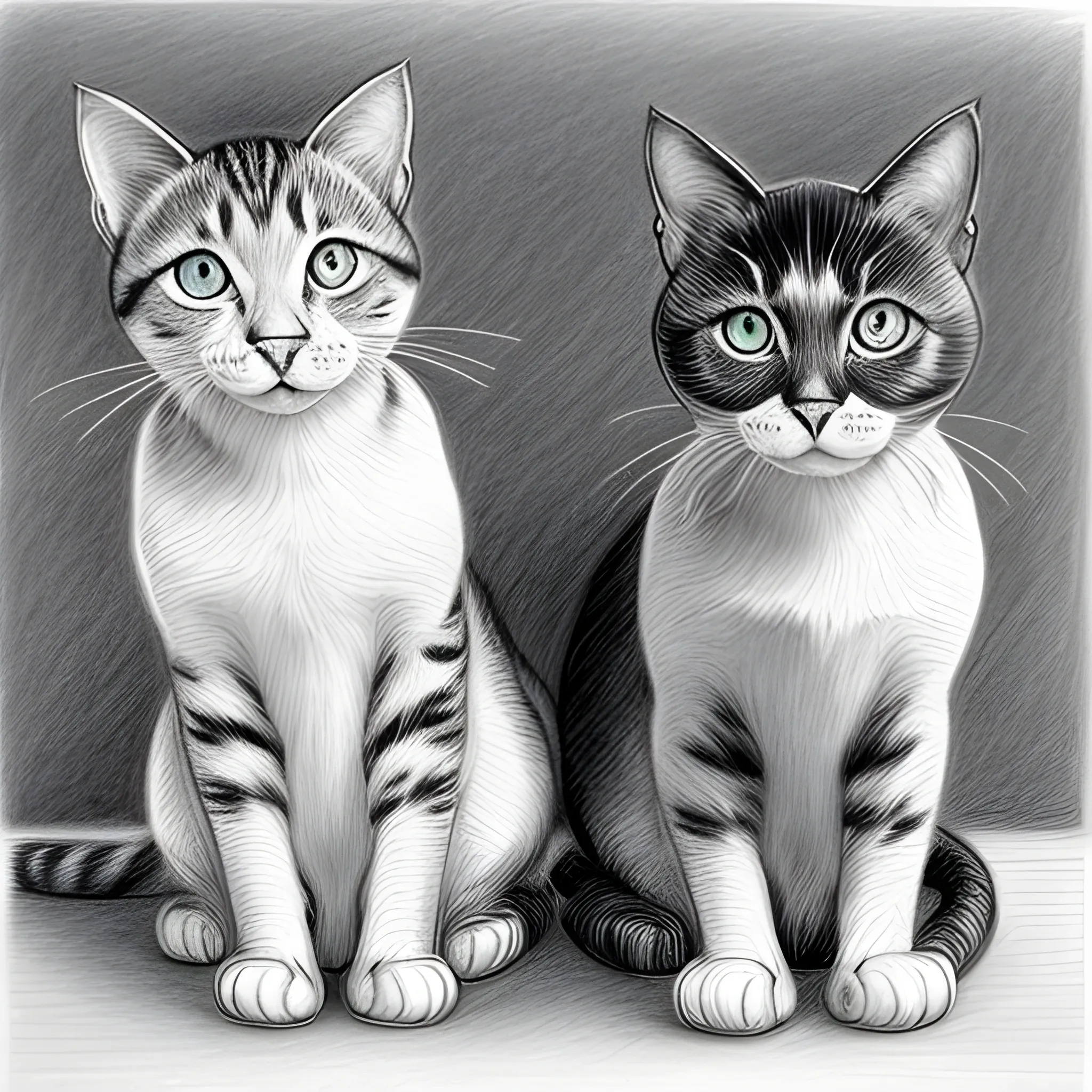 two cats black and white, Pencil Sketch