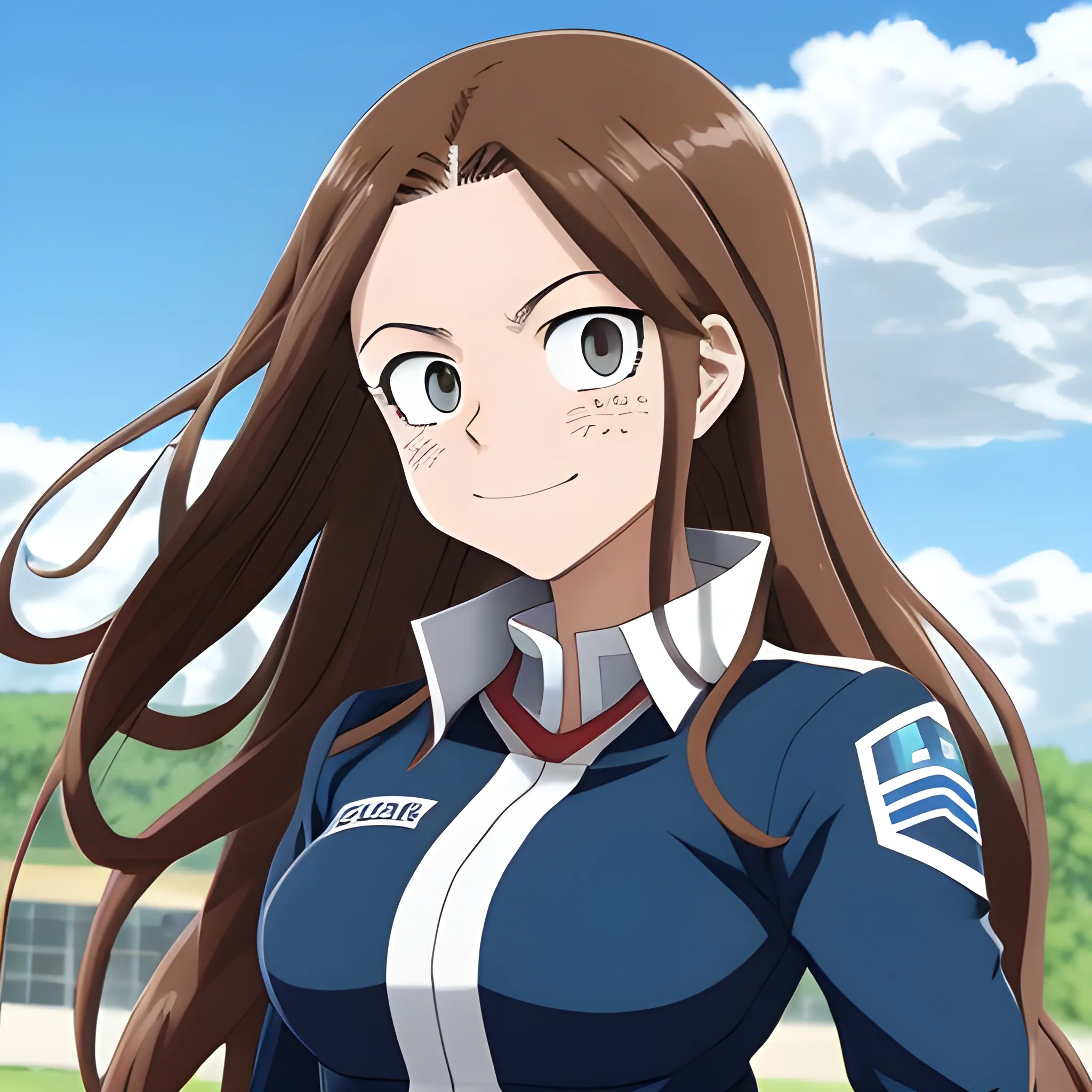 My hero academia female of with long brown hair and blue eyes in UA uniform