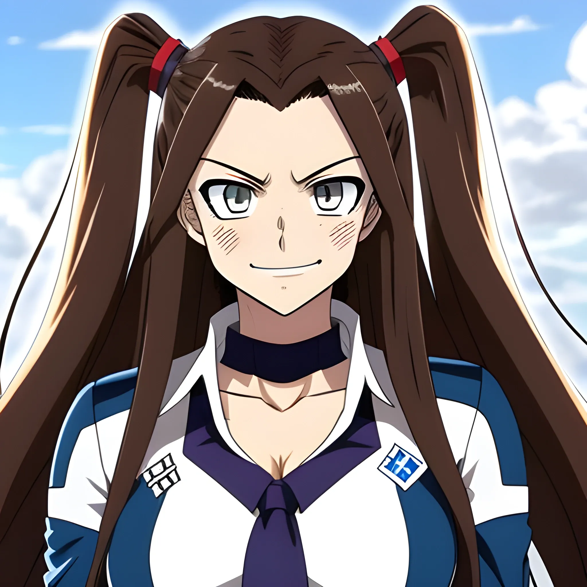 My hero academia female of with long brown hair and blue eyes in UA uniform 14 years old