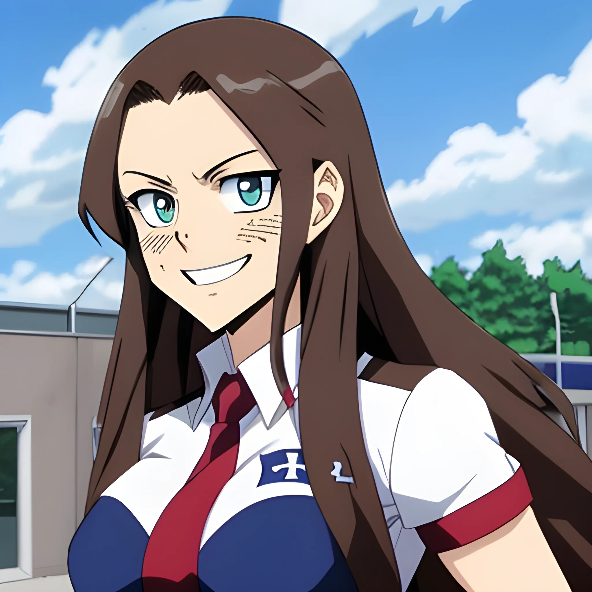 My hero academia female of with long brown hair and blue eyes in UA uniform 14 years old