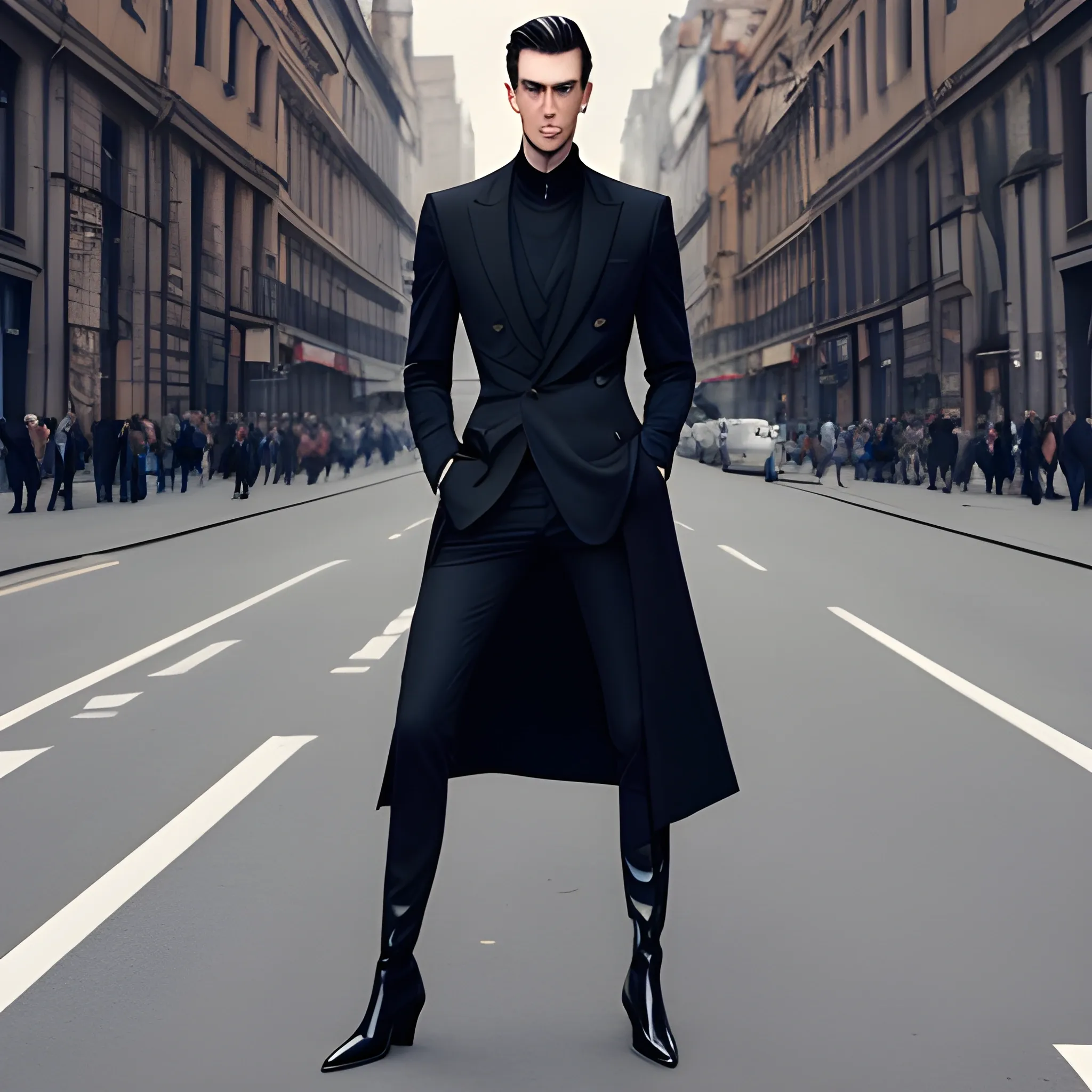 Tall man with small waist and wide shoulders. 4k long legs, wearing Chelsea boots with heels. Gaunt face, leaning on cane.