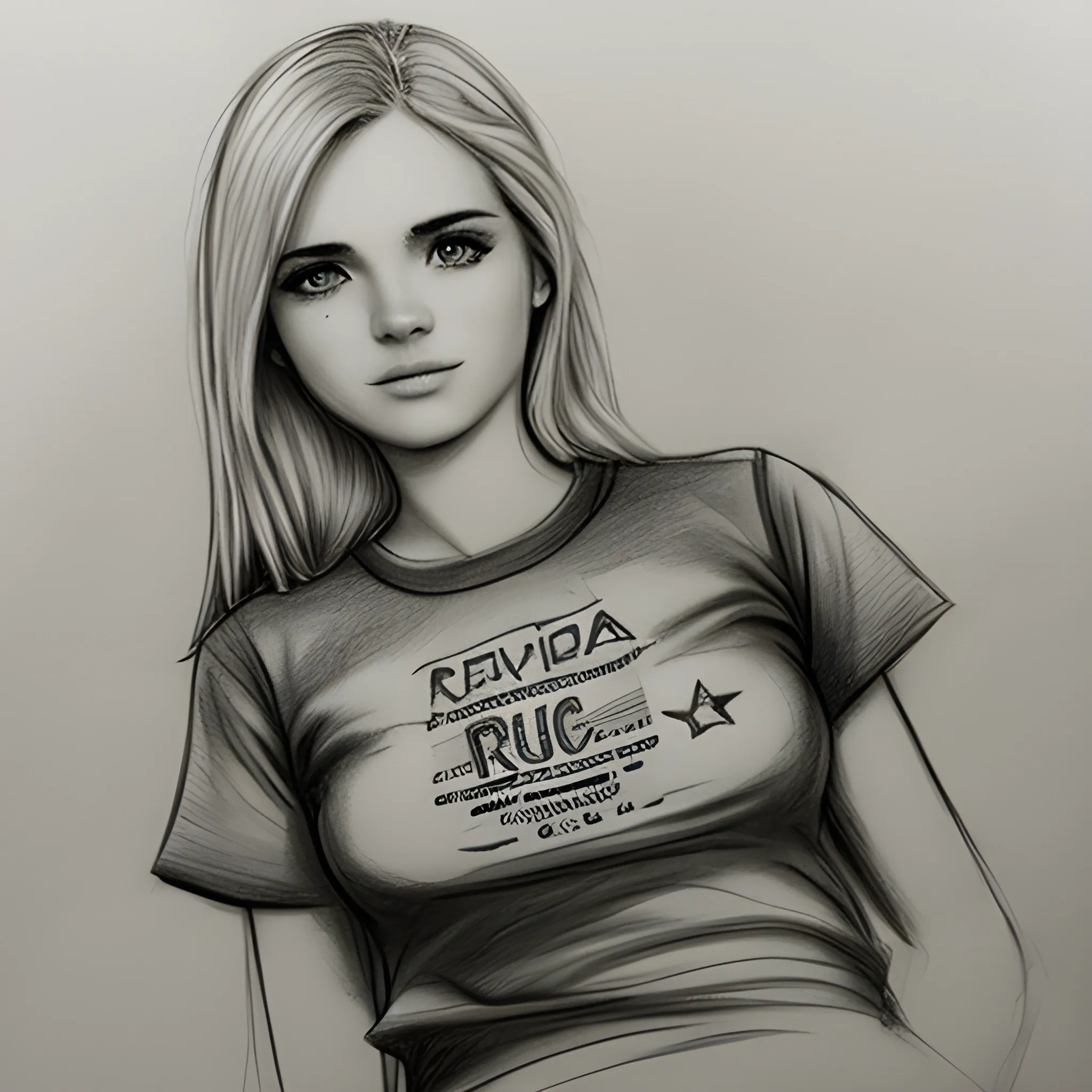 Quiero una chica rubia de 20 años con una remera que diga PET world travel y sea la modelo de la empresa

, Pencil Sketch, Cartoon