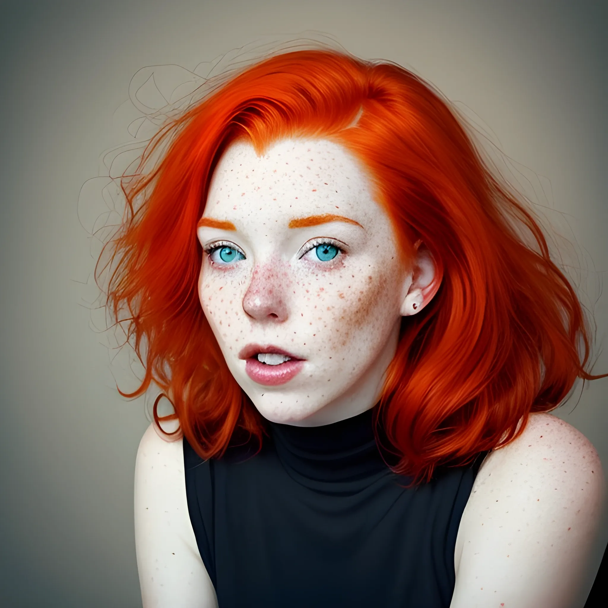 Beatiful woman, red hair, freckles, funny, very relistic
