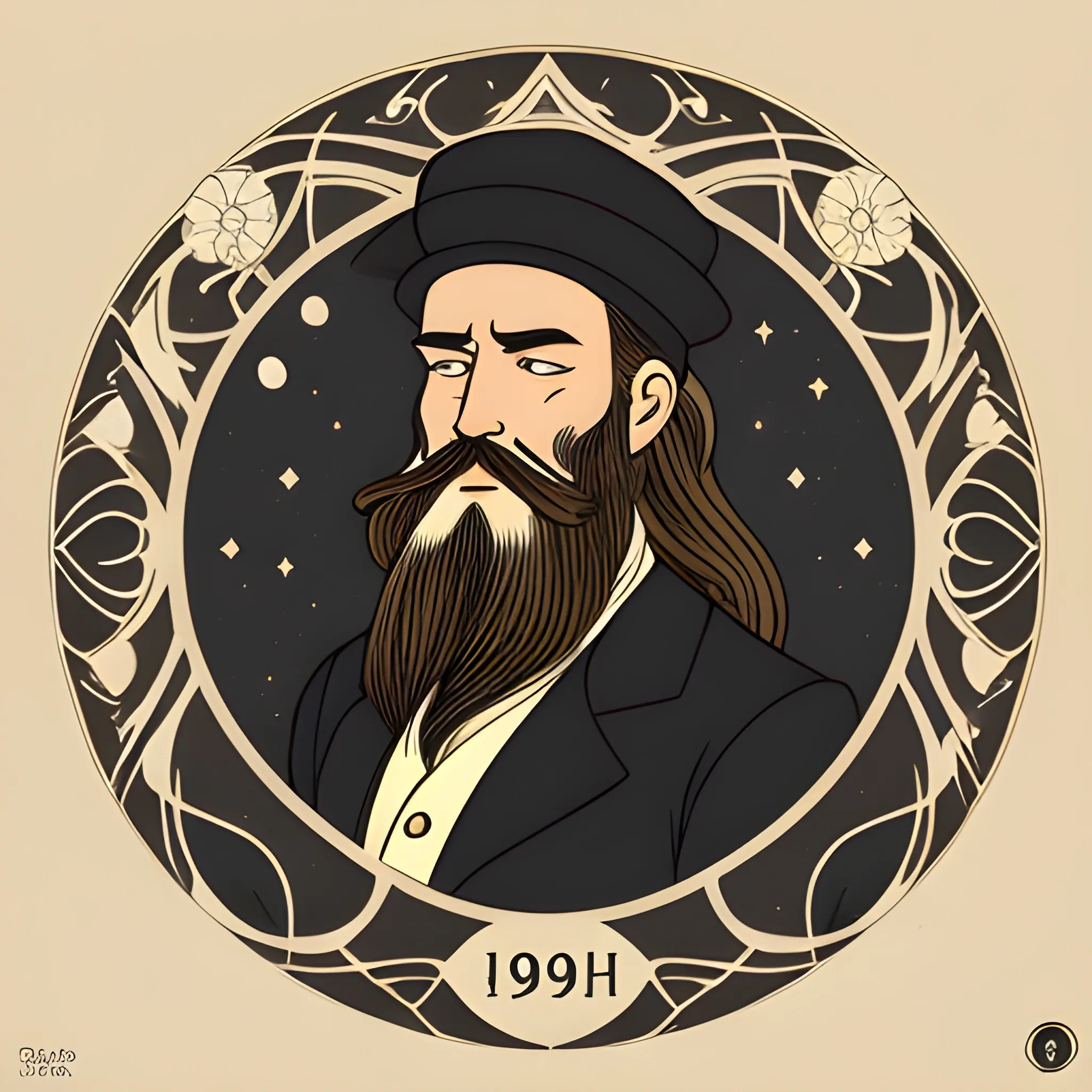 "Create a vector logo inspired by Barzak Zen, a fictional 19th-century character passionate about Art Nouveau and the investigation of strange phenomena. The design should feature a modernist atmosphere, incorporating elements typical of Art Nouveau such as stylized vines and flowers. Barzak Zen is depicted as a mysterious figure, a 40-year-old man with a flat cap, a moderately populated beard, and semi-long hair. He is wearing a 19th-century styled outfit, possibly holding an item related to his investigations like a magnifying glass or a mystical artifact. The background should evoke a sense of mystery and the unknown, with subtle occult symbols and a night sky with the moon and stars. The name 'Barzak Zen' should be integrated into the image in a vintage, ornate font that reflects the era and the character's enigmatic nature. The logo should be vector-based, using colors reminiscent of the 19th century. Ensure he is not smoking and does not appear elderly.", Cartoon