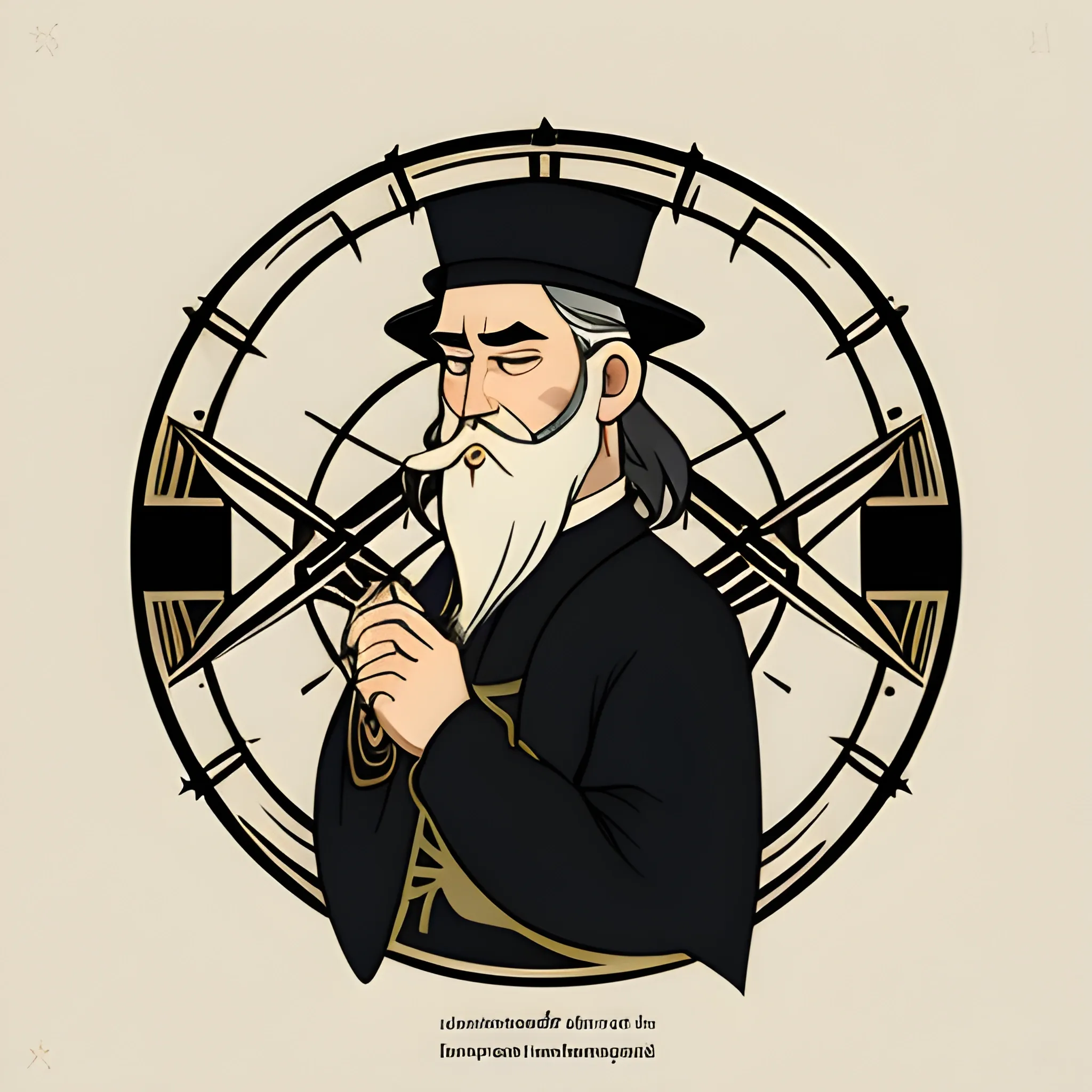 "Create a vector logo inspired by Barzak Zen, a fictional 19th-century character passionate about Art Nouveau and the investigation of strange phenomena. The design should feature a modernist atmosphere, incorporating elements typical of Art Nouveau such as stylized vines and flowers. Barzak Zen is depicted as a mysterious figure, a 40-year-old man with a flat cap, a moderately populated beard, and semi-long hair. He is wearing a 19th-century styled outfit, possibly holding an item related to his investigations like a magnifying glass or a mystical artifact. The background should evoke a sense of mystery and the unknown, with subtle occult symbols and a night sky with the moon and stars. The name 'Barzak Zen' should be integrated into the image in a vintage, ornate font that reflects the era and the character's enigmatic nature. The logo should be vector-based, using colors reminiscent of the 19th century. Ensure he is not smoking and does not appear elderly.", Cartoon, Water Color