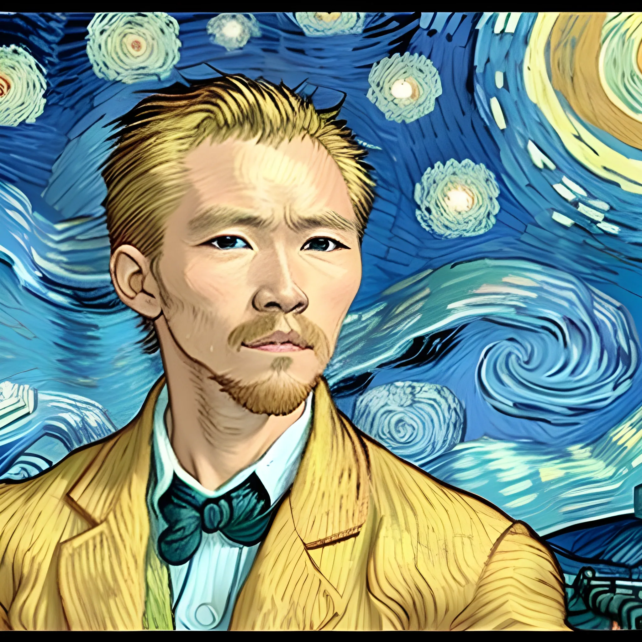 has un un hombre asiatico joven y hermoso y le colocas de fondo la noche estrellada de van gogh, , Cartoon