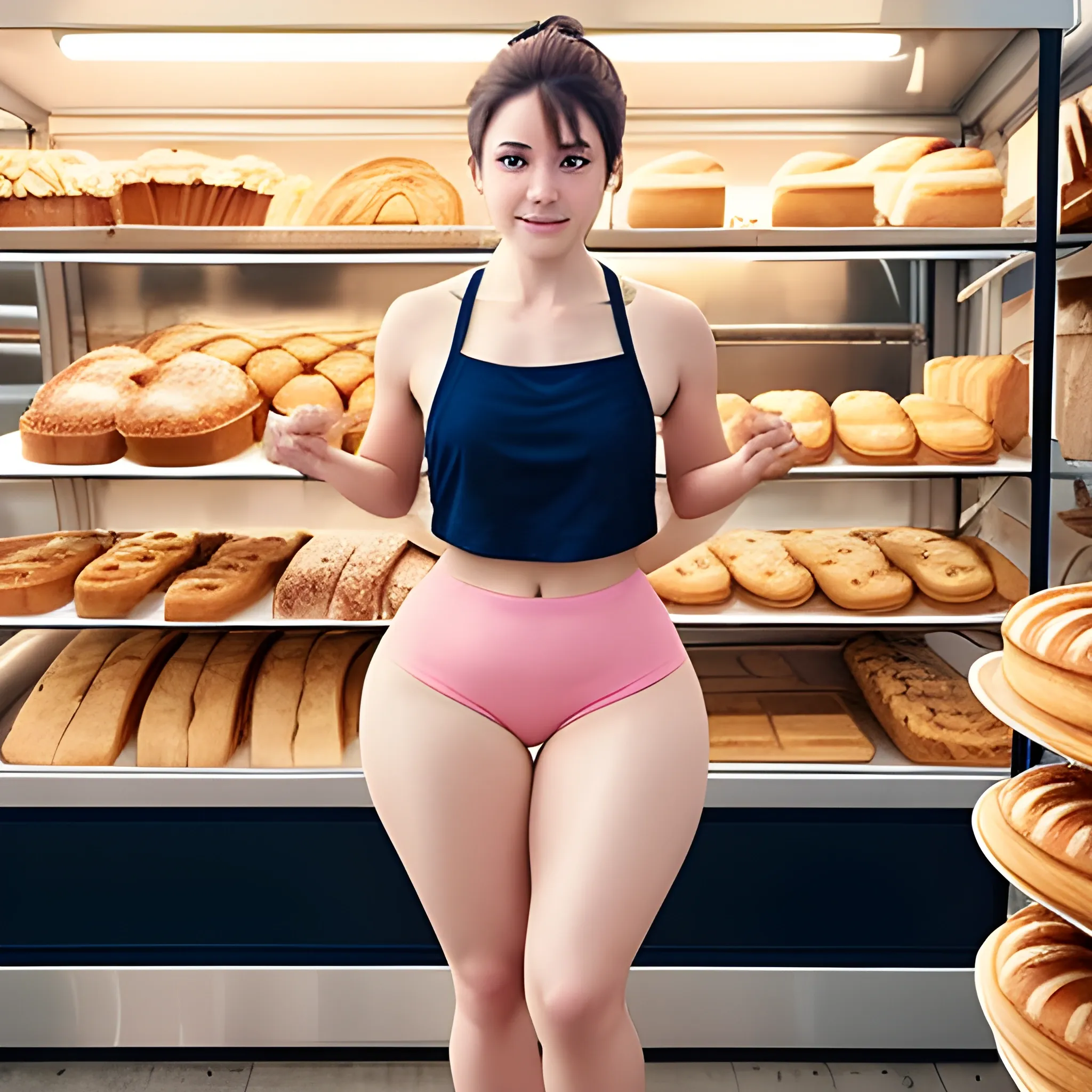 generate an image of a woman at a bakery with thick thighs