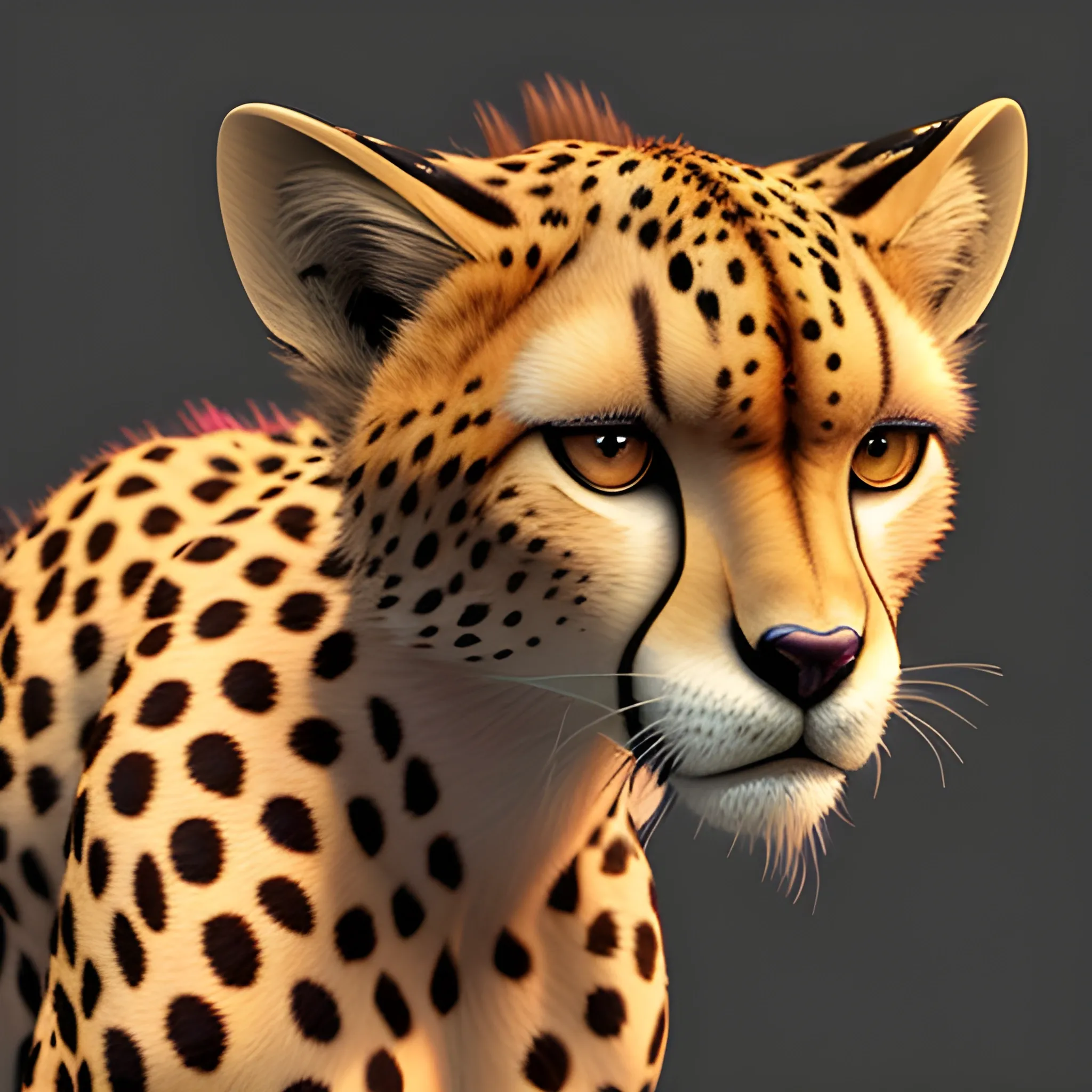 Generate the portrait of a cheetah Fursona that is posing in a sexy way. The background should be in a modern beautiful forest , 3D