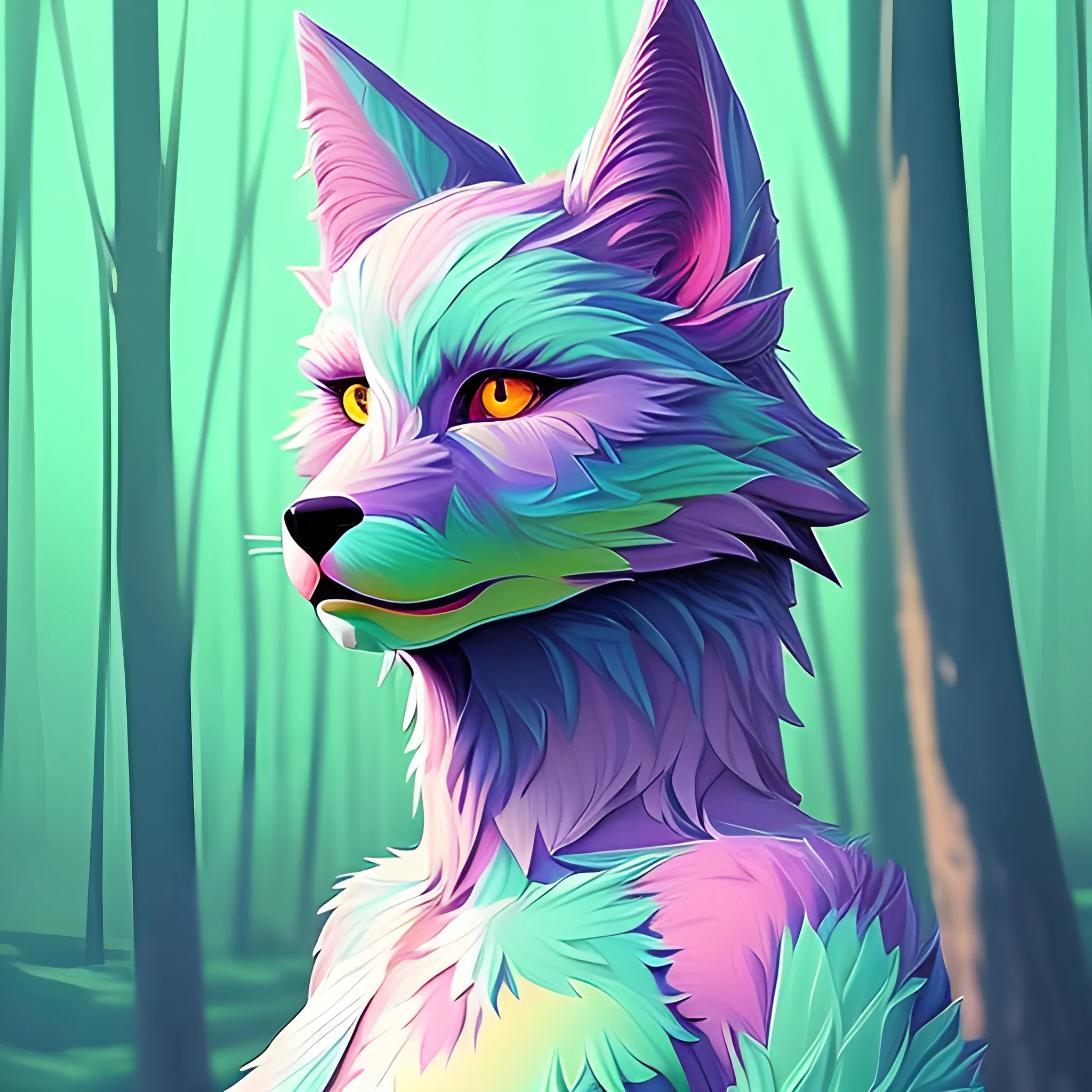 Generate the portrait of a furry art Fursona that is posing in a sexy way. The background should be in a modern beautiful forest ,, Trippy