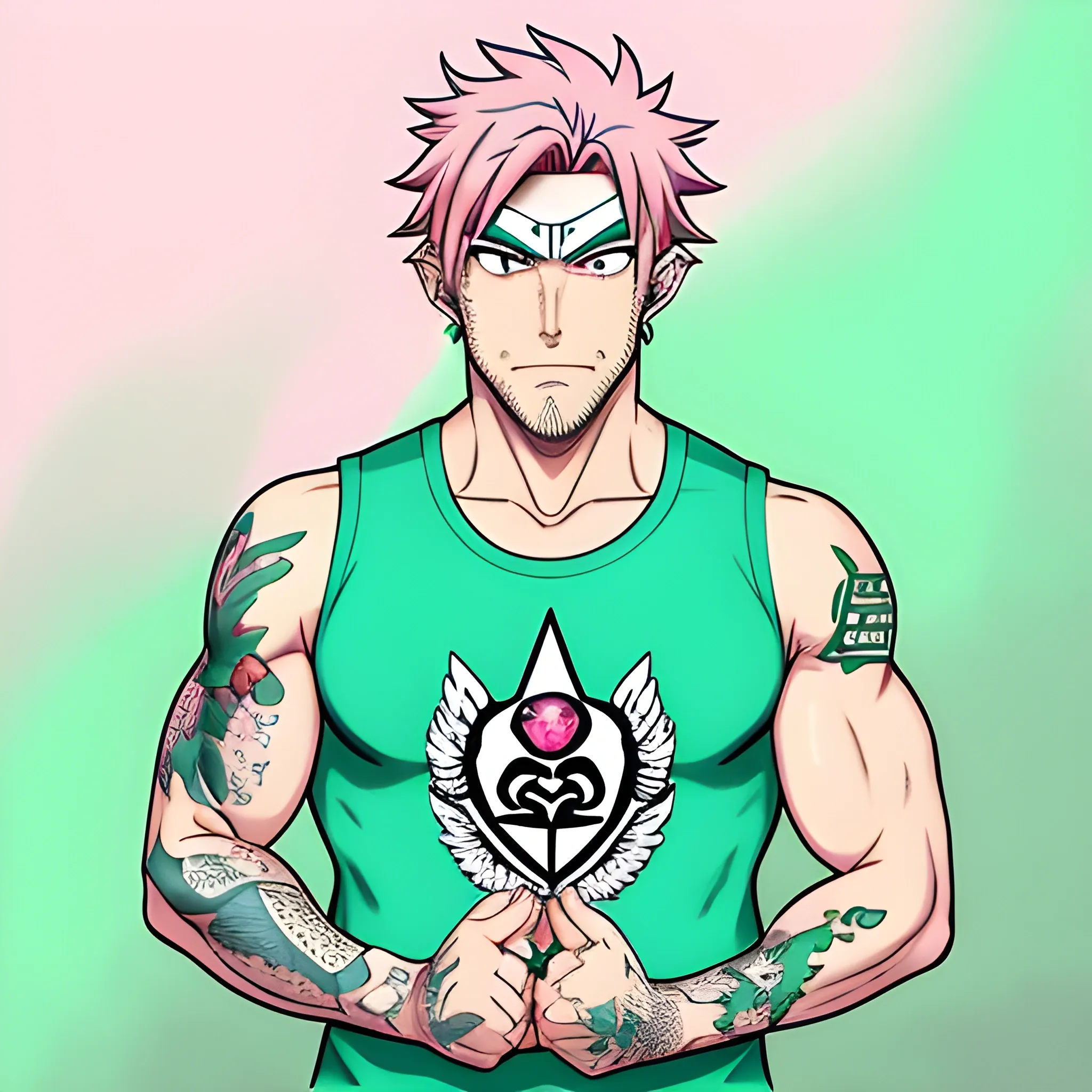 My Hero Academia, Male, Irish-Japanese descent, pastel pink hair, Ruby eyes, stands at 5 ’ 7 “, has a tattoo of a pink D20 with ruby numbers landing on a 1 on their right shoulder, has snake bite piercings and 2 d4 as an earrings with the same colors as their tattoo. pointy elf like ears, a narrow but round nose, baby fat on their checks still but has a sharp looking chin, head looks like a oval in shape, have sharp claws on their hands that look like harpy eagle talons and some pastel pink harpy feathers on the forearms, full body, one person, Green t-shirt, pair of blue sweat pants