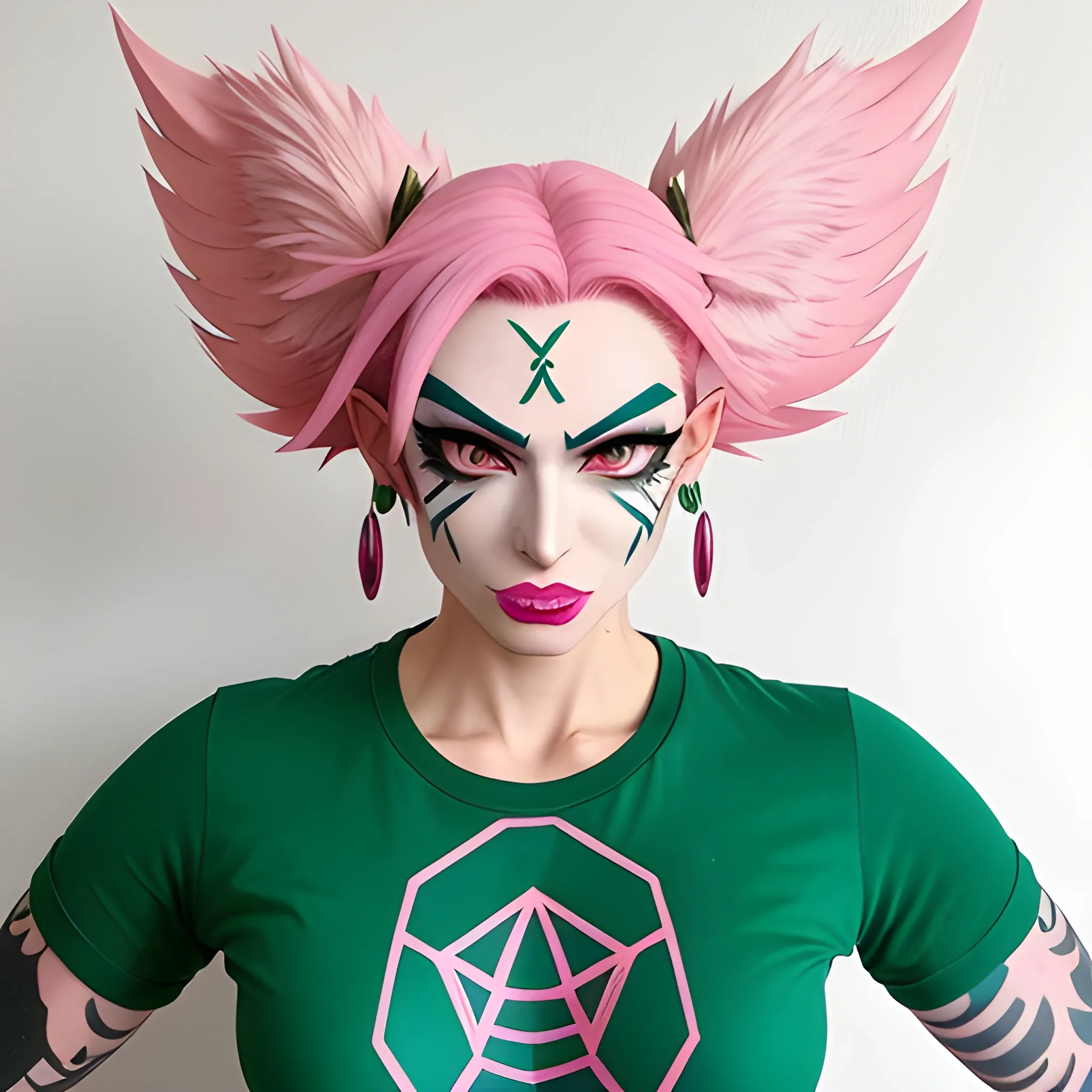 My Hero Academia, Androgynous, 15, Irish-Japanese descent, pastel pink hair, Ruby eyes, stands at 5 ’ 7 “, has a tattoo of a pink D20 with ruby numbers landing on a 1 on their right shoulder, has snake bite piercings and 2 d4 as an earrings with the same colors as their tattoo. pointy elf like ears, a narrow but round nose, baby fat on their checks still but has a sharp looking chin, head looks like a oval in shape, have sharp claws on their hands that look like harpy eagle talons and some pastel pink harpy feathers on the forearms, full body, one person, Green t-shirt, pair of blue sweat pants