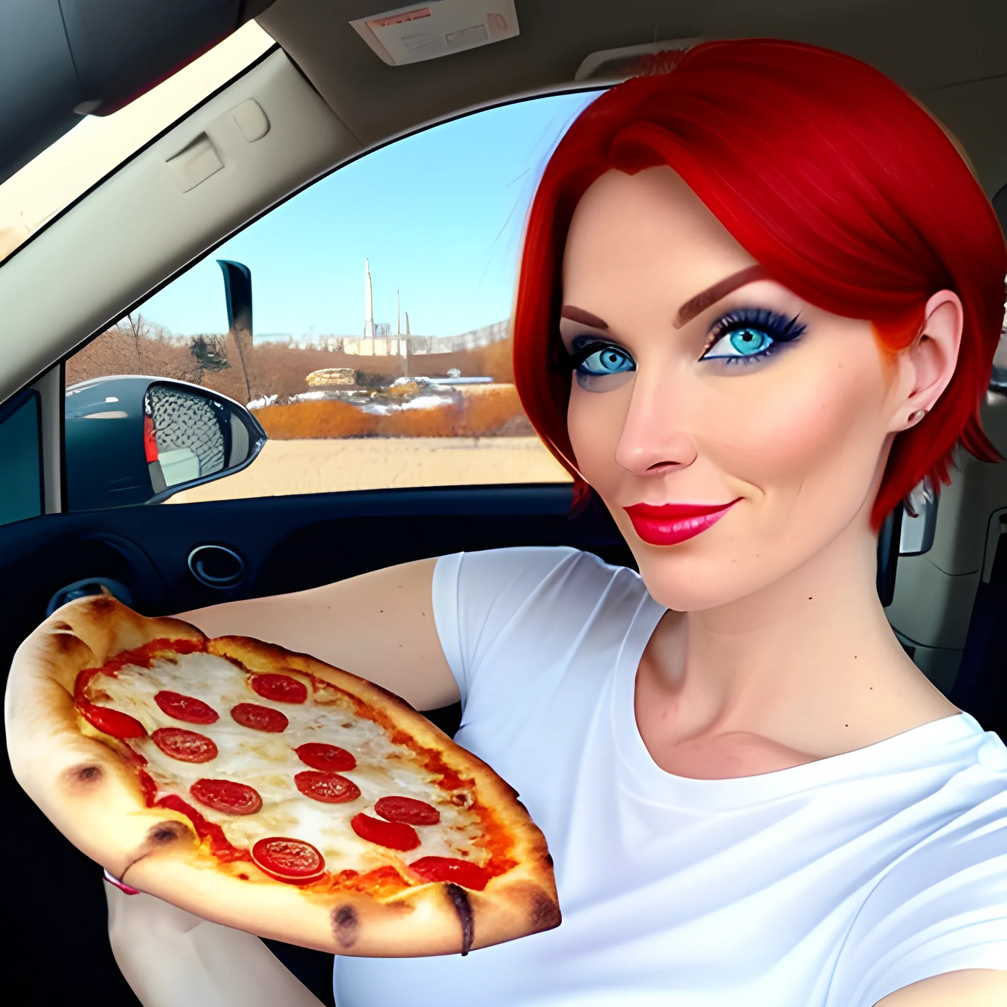 A pretty, red-headed pizza delivery girl. Short straight hair, blue eyes., Cartoon