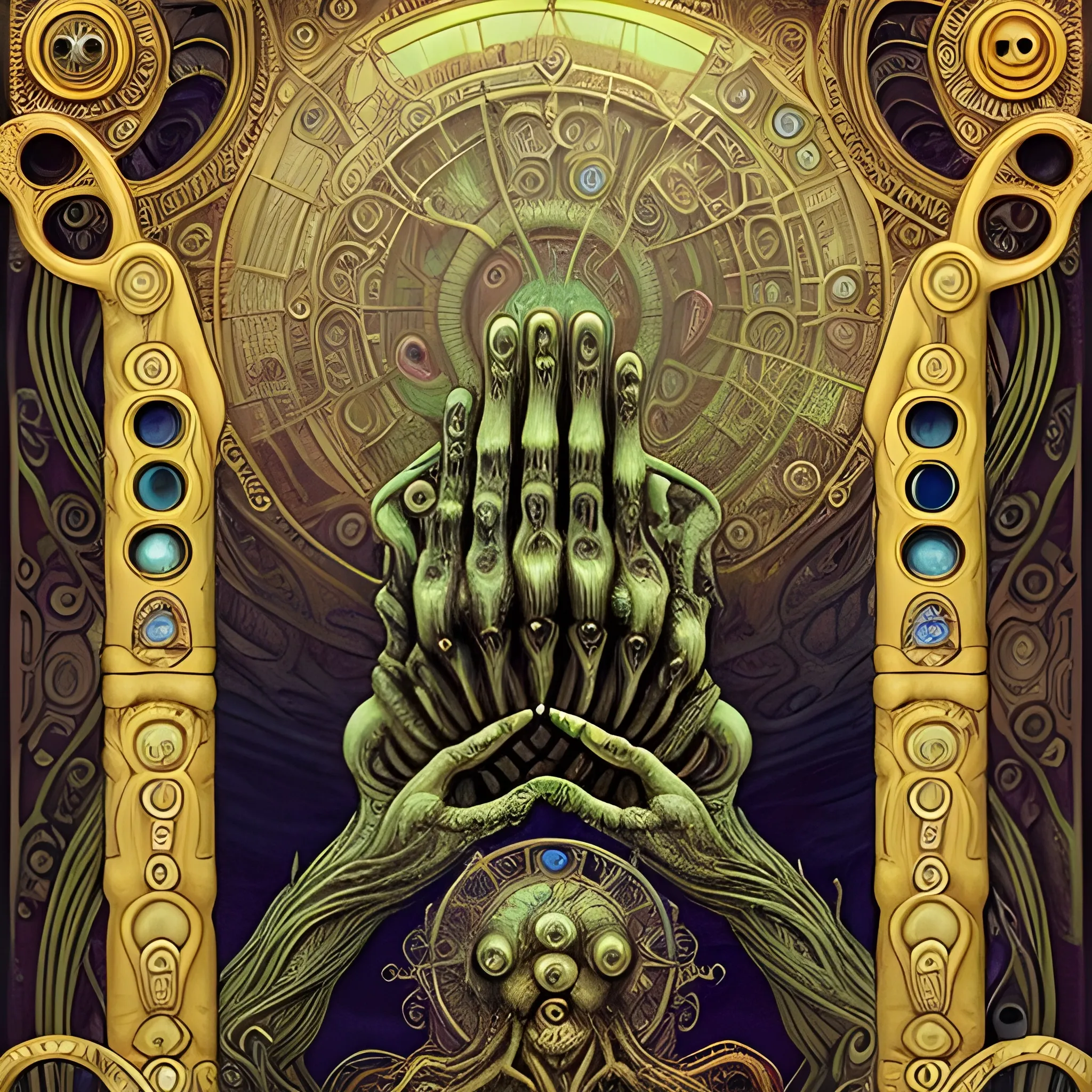 A Giant Kraken hand with 5 fingers a steampunk ancient submarine in rough water, cryptid creature in Bogomils Universe in a surreal vision of another dimension by Otto Rapp, H.R. Giger and Gustav Klimt. Art Nouveau framed by Alphonse Mucha, Trippy