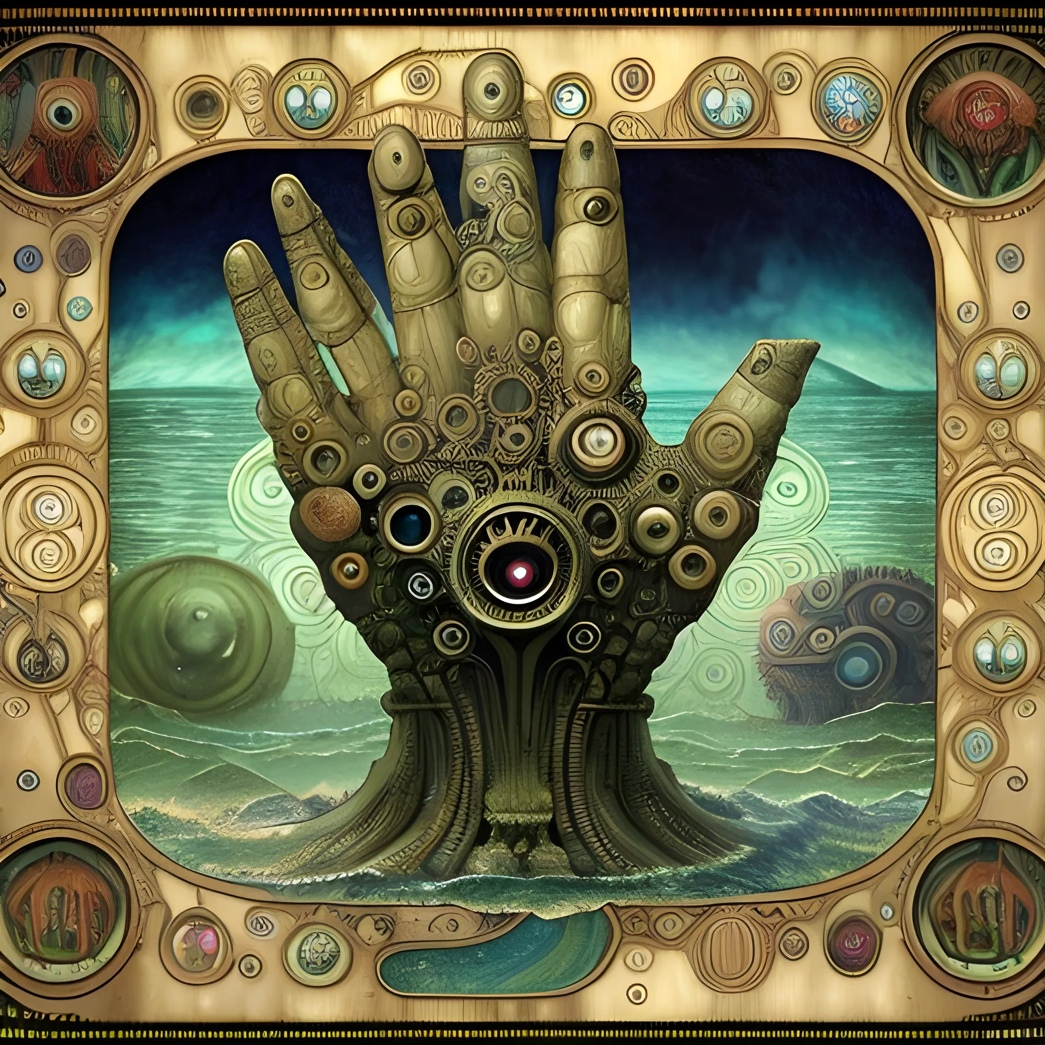 A Giant hand with 5 fingers a steampunk ancient submarine in rough water, cryptid creature in Bogomils Universe in a surreal vision of another dimension by Otto Rapp, H.R. Giger and Gustav Klimt. Art Nouveau framed by Alphonse Mucha, Trippy