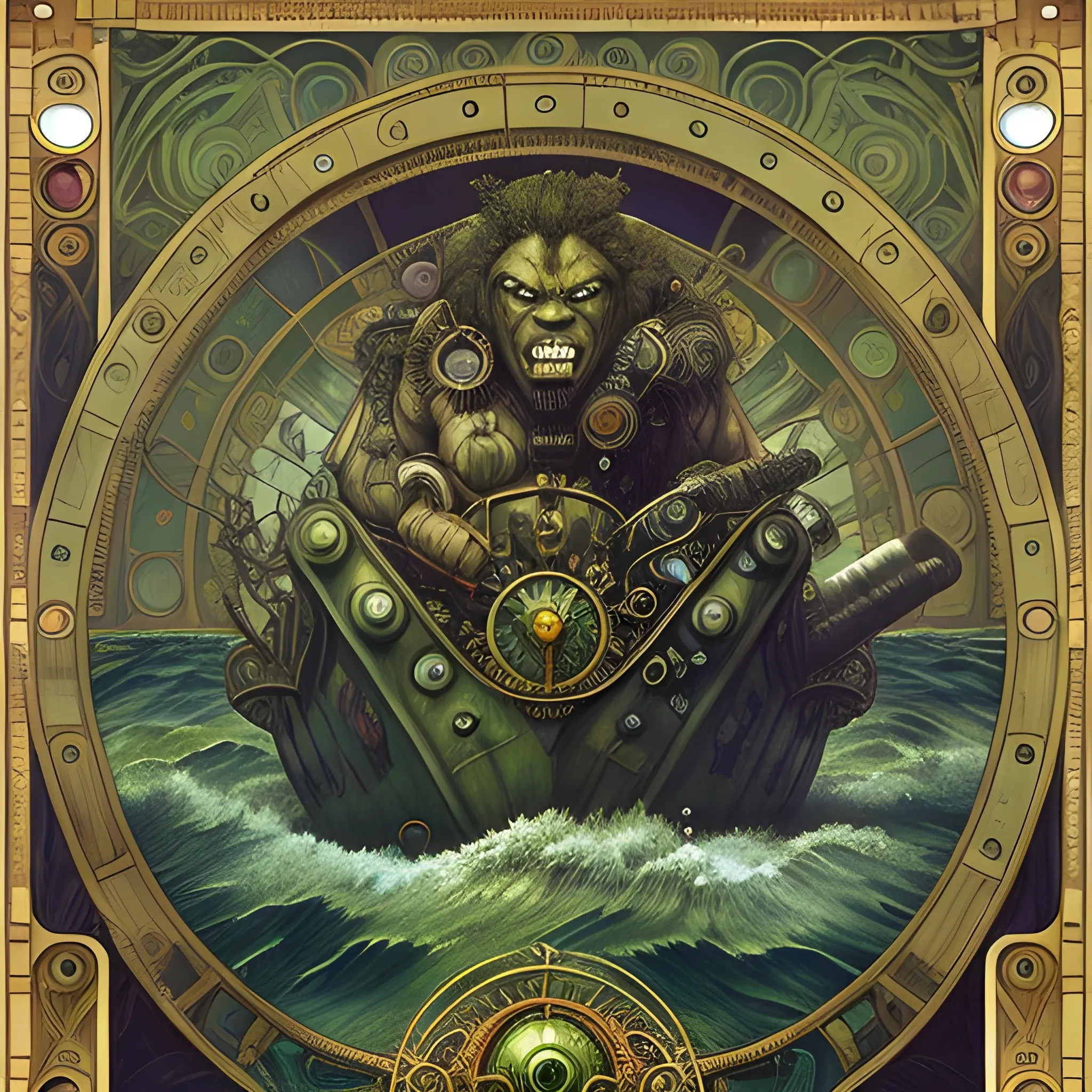 A magnificent hulk with werewolf features a steampunk ancient submarine in rough water, cryptid creature in Bogomils Universe in a surreal vision of another dimension by Otto Rapp, H.R. Giger and Gustav Klimt. Art Nouveau framed by Alphonse Mucha