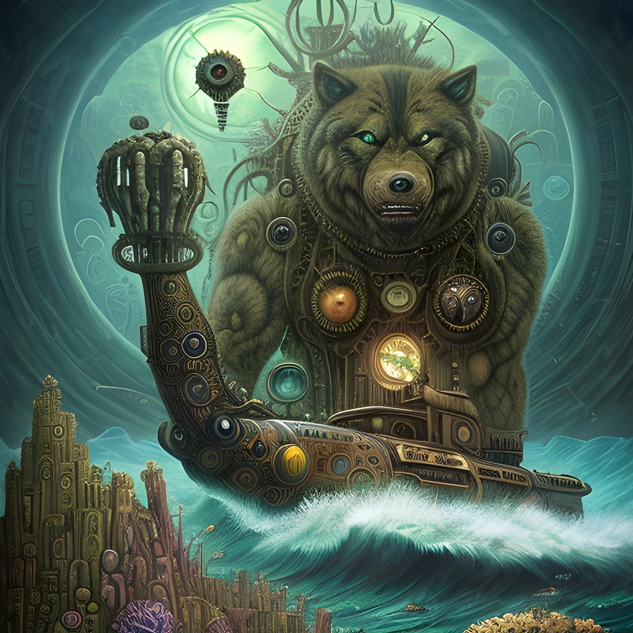 A Magnificent hulk with werewolf features a steampunk ancient submarine in rough water, cryptid creature in Bogomils Universe in a surreal vision of another dimension by Otto Rapp, H.R. Giger and Gustav Klimt, Trippy