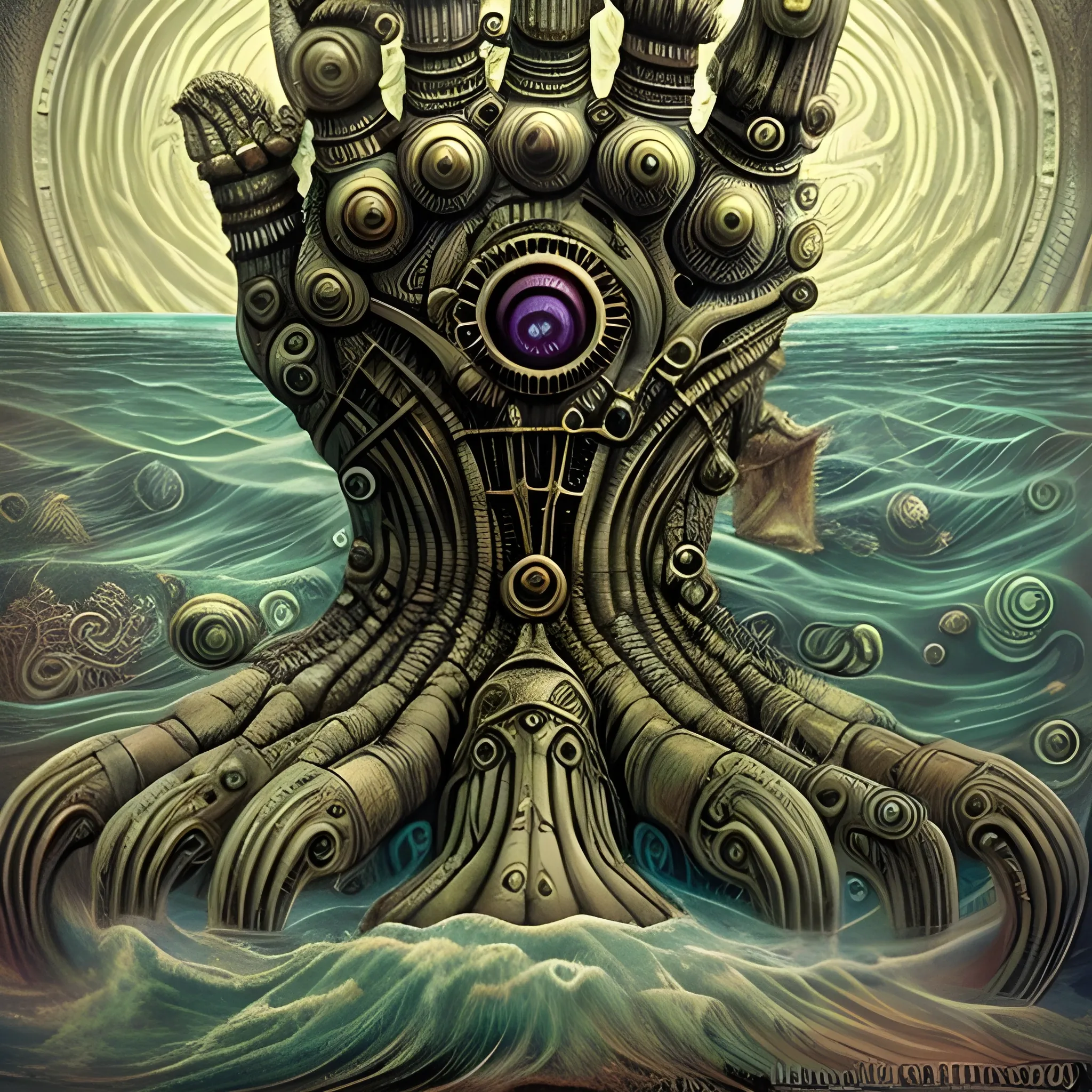 A Magnificent Giant hand with 5 fingers a steampunk ancient submarine in rough water, cryptid creature in Bogomils Universe in a surreal vision of another dimension by Otto Rapp, H.R. Giger and Gustav Klimt, Trippy