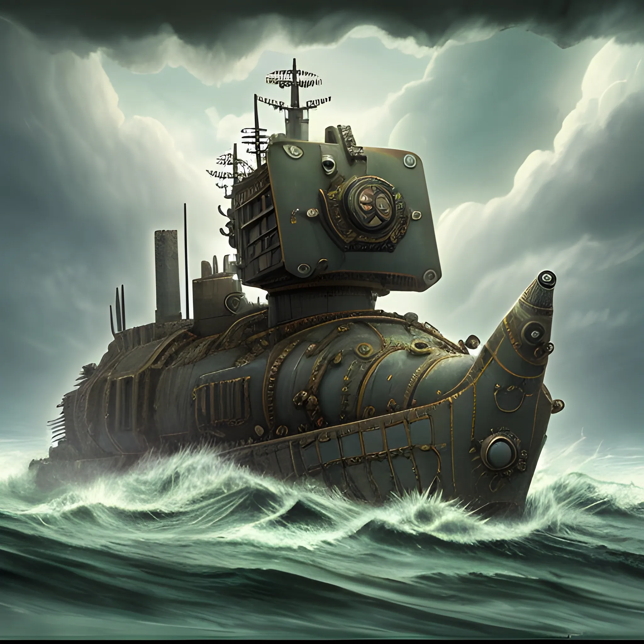 A Magnificent hulk with werewolf features a steampunk ancient submarine in rough water, Cubism and Realism, militarism, dualism. Into, inside out, insert. Crispy quality