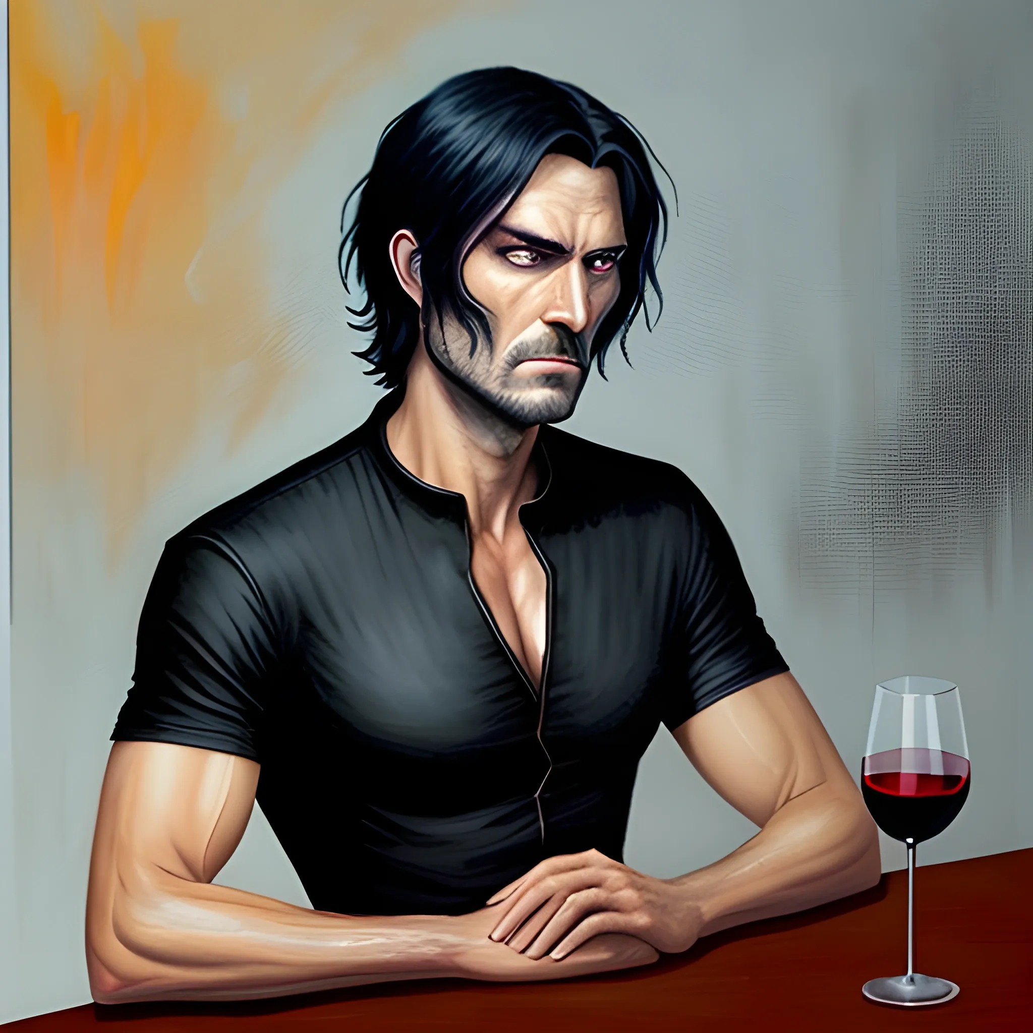 black hair, taciturn and serious, a scar across his right eye, young and slim knight in a black shirt sitting in a gloomy tabern with a glass of wine. game of thrones themed. oil painting fantasy style., Trippy