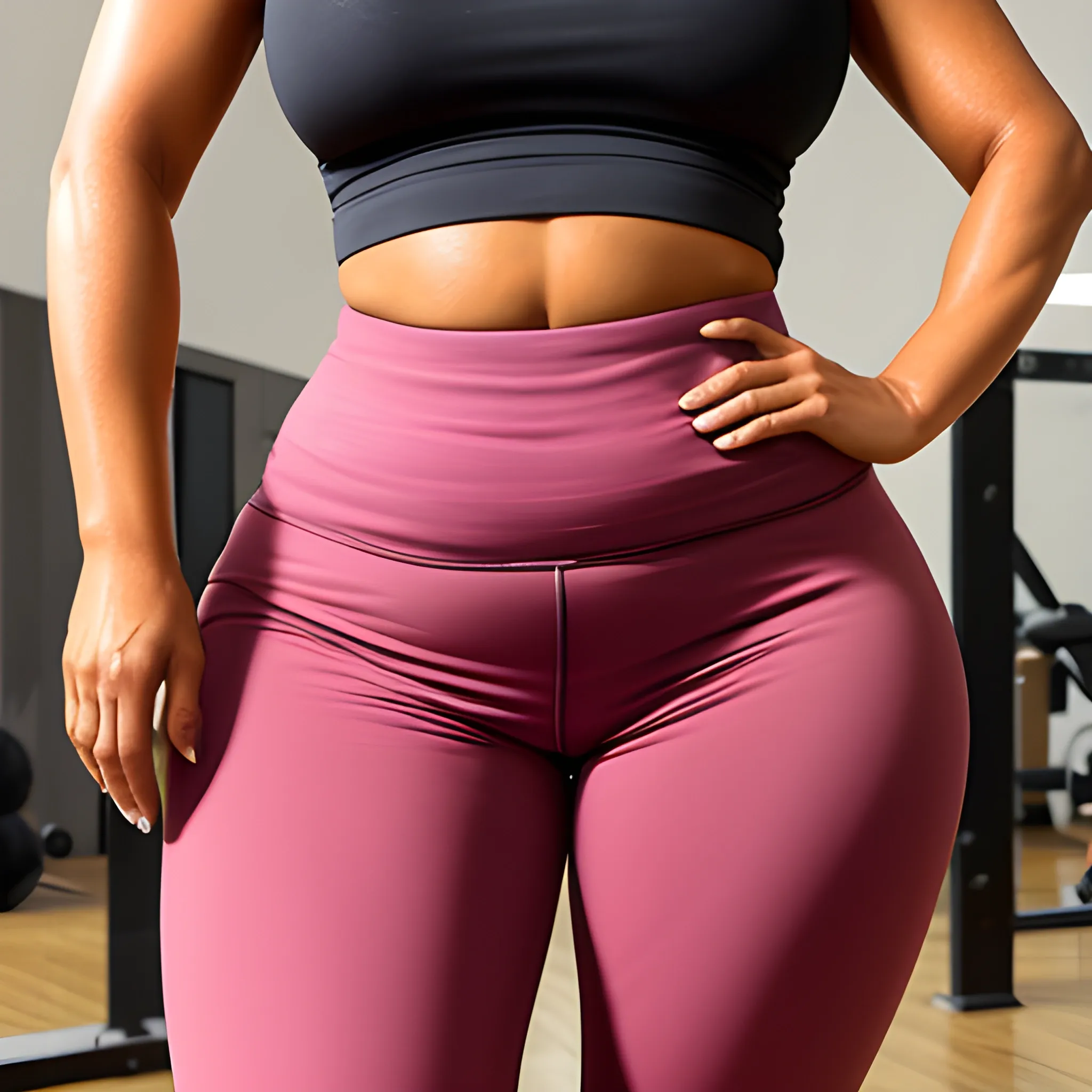 Tanned woman sweating with leggings big hips