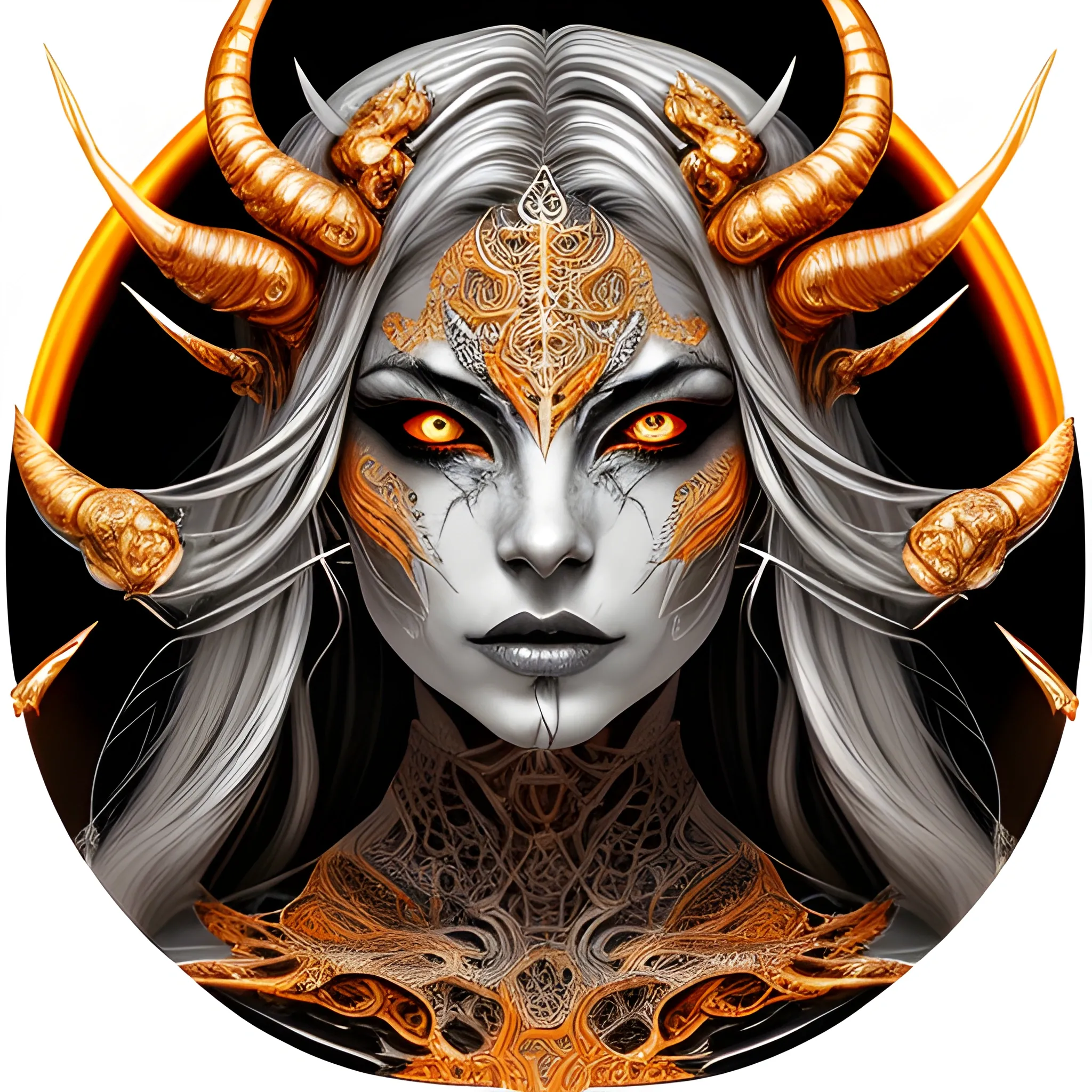 the face of a woman dressed in demon attire, in the style of light gray and light gold, vibrant illustrations, intricately sculpted, realistic hyper-detailed portraits, white and amber, queencore, depicts real life --ar 3:5 --v 6.0