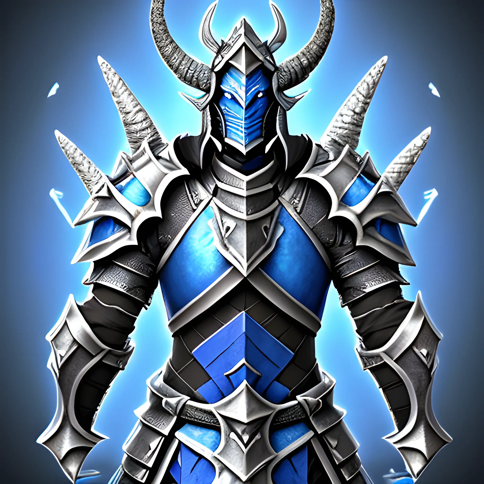 blue half-dragon paladin silver armor sword human horns 