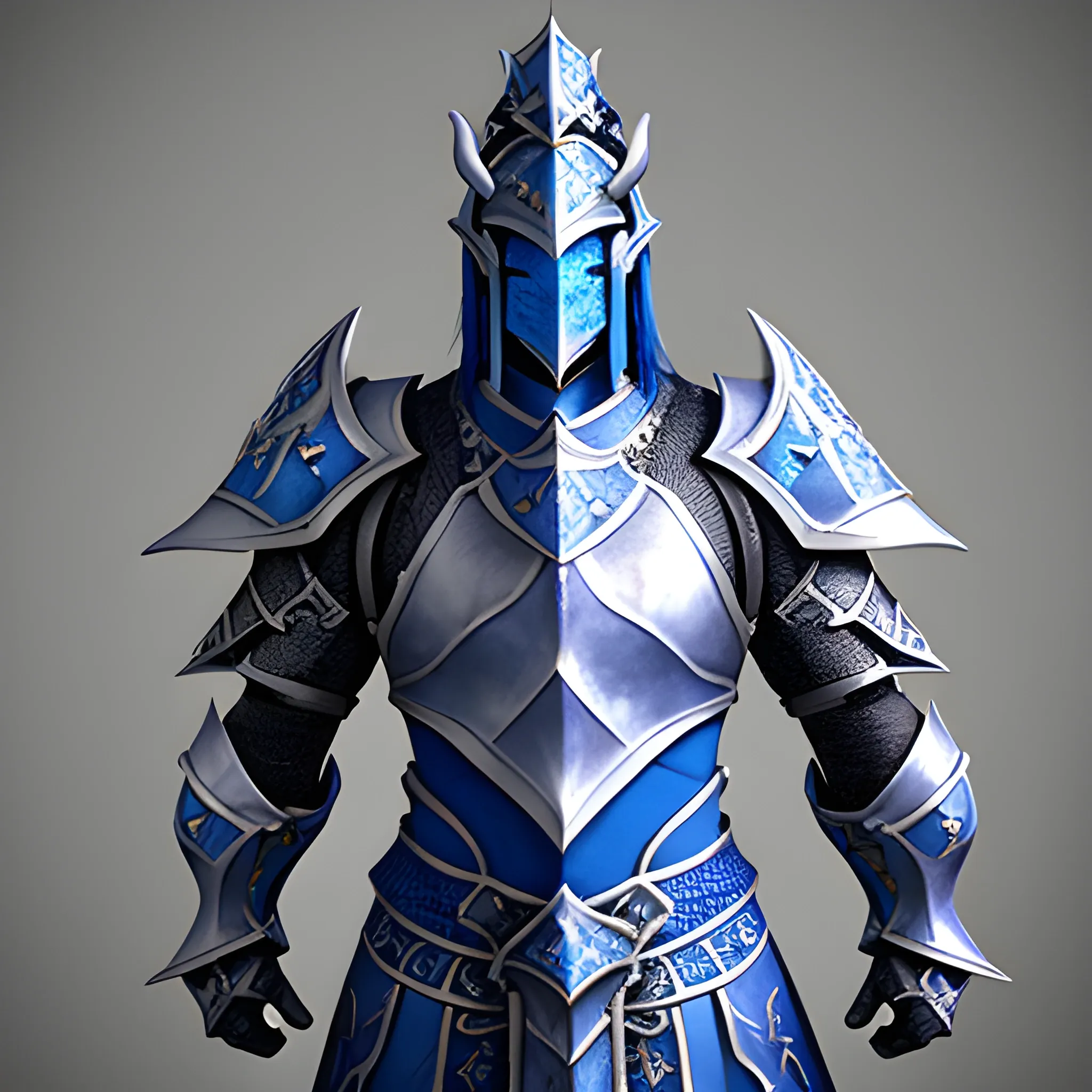 blue half-dragon paladin silver armor sword human horns 