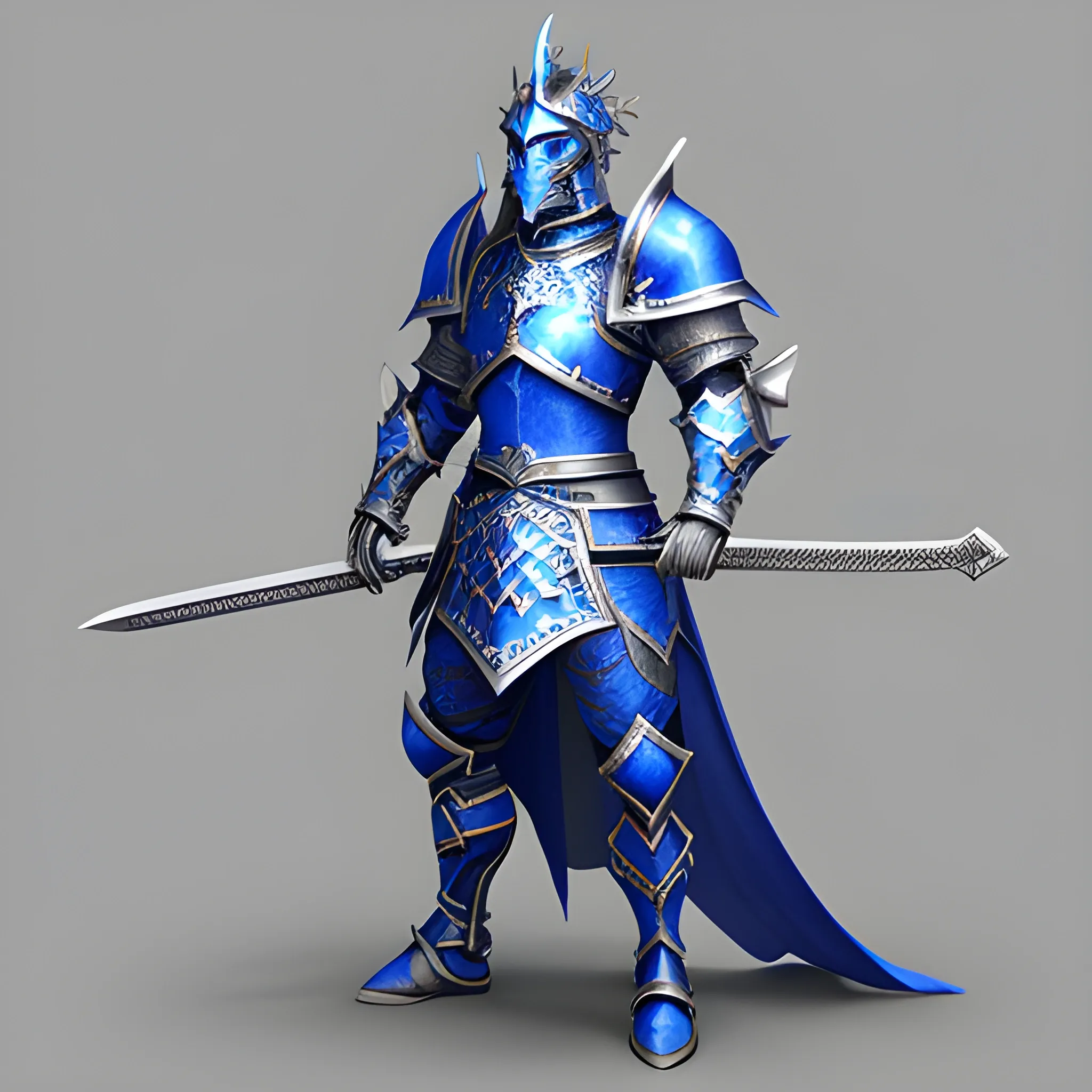 blue half-dragon paladin silver armor sword human horns 