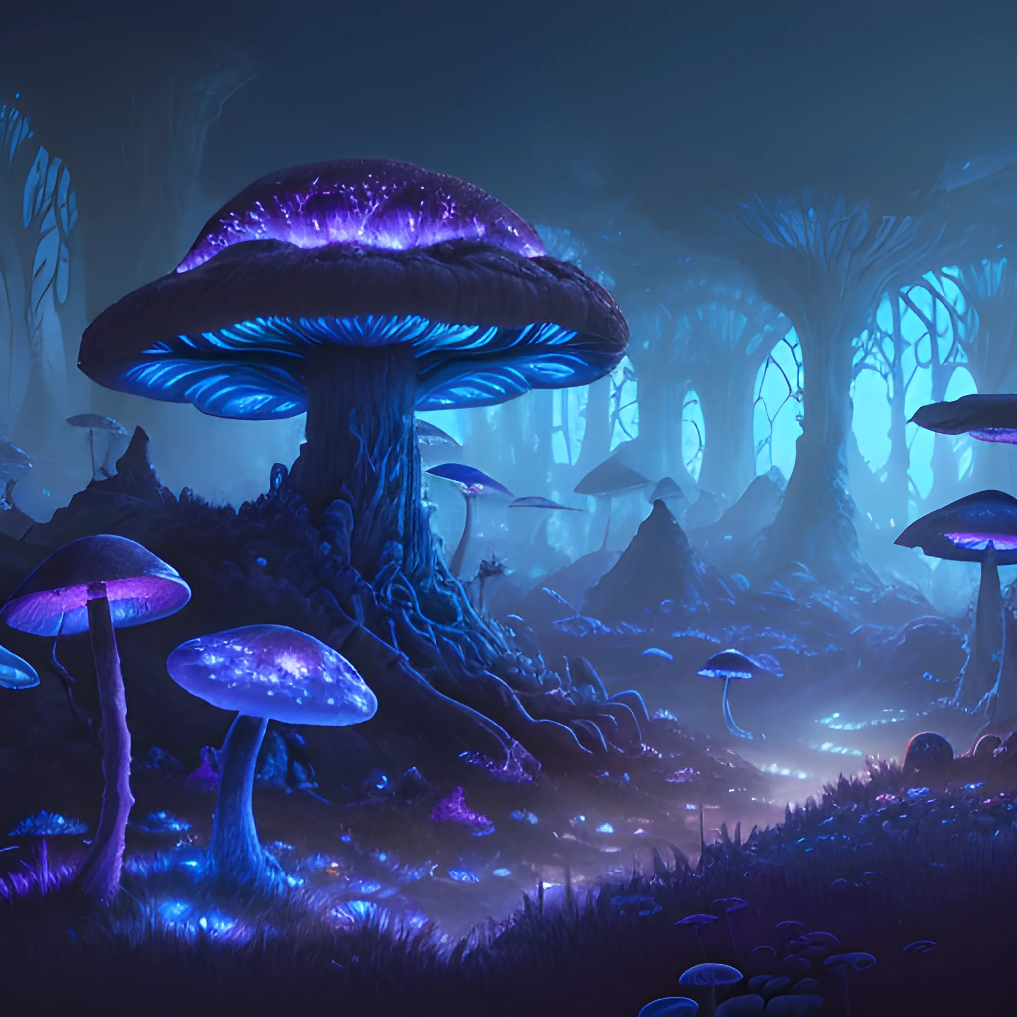 concept art painting of a fantasy alien fungal landscape at night, with glowing blue lights, glowing blue mushrooms, dark purple sky, realistic, detailed, cel shaded, in the style of makoto shinkai and greg rutkowski and albert bierstadt and james gurney 