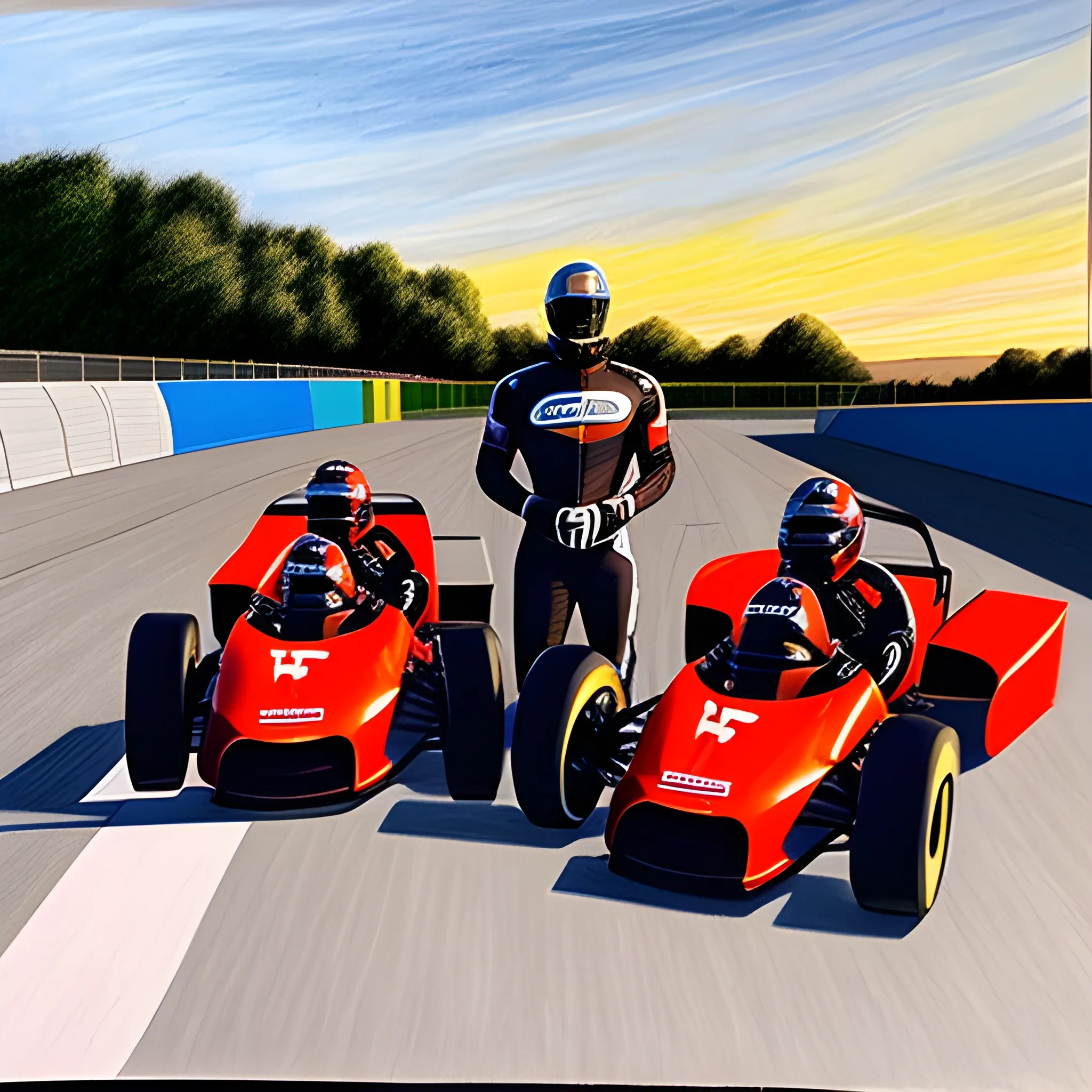 Drawing of a father next to his son, on a go-kart track, with the sun setting in the background and the evening light, with helmets in their hands, talking, next to a modern red go-kart, ready to go to the track. As the title of the drawing, one word: It's Friday!!!