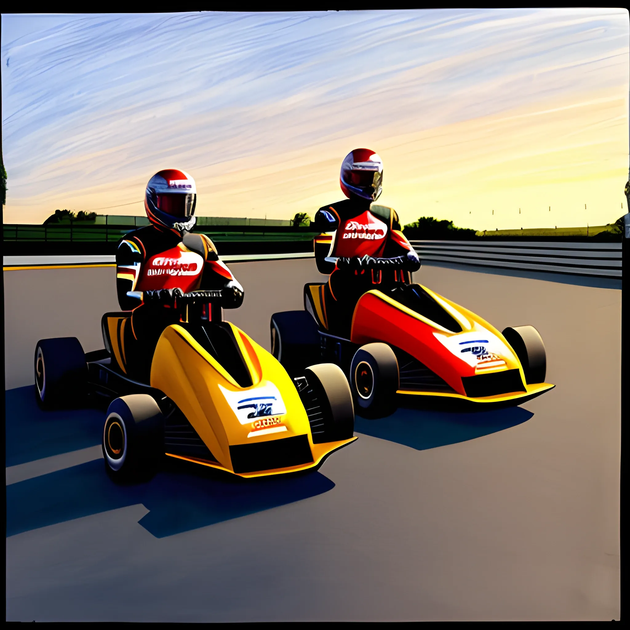 Drawing of a father next to his son, on a go-kart track, with the sun setting in the background and the evening light, they with helmets in their hands, talking, next to a red go-kart, where the driver's name is written on the side, Bryan, ready to go to the track. As a title of the drawing, one word: Friday!!!