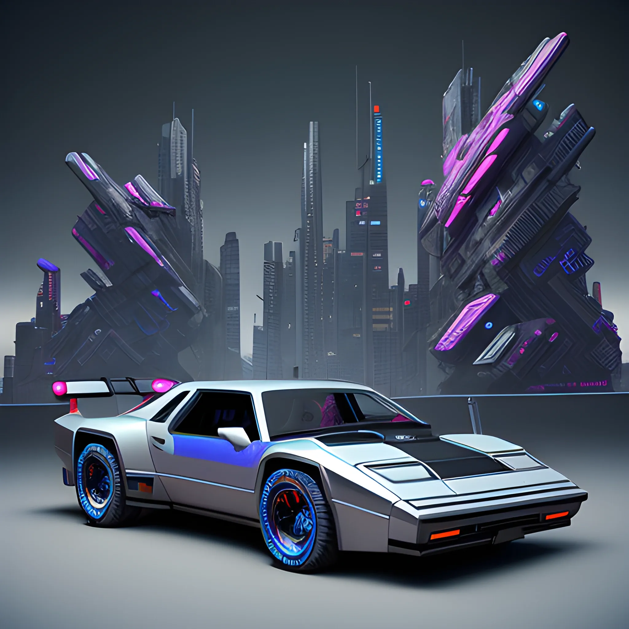 .Forms and Functions: A captivating conceptual art piece featuring an extraordinary 3D render of a metallic raccoon cyberpunk sports car designed in the distinctive style of Michael Westmore. The vehicle is a seamless blend of a 1980s Trans Am and a 1974 Winnebago, elegantly handling on a curving, coastal road at midday. The metallic silver and blue wired construction showcases intricate details, from the motherboard integrated into the car's backbone to the elaborate stacks and riveted ribs. The design masterfully combines vibrant colors, dark fantasy, and cinematic elements, resulting in a striking portrait of a cyberpunk metallic sports car.