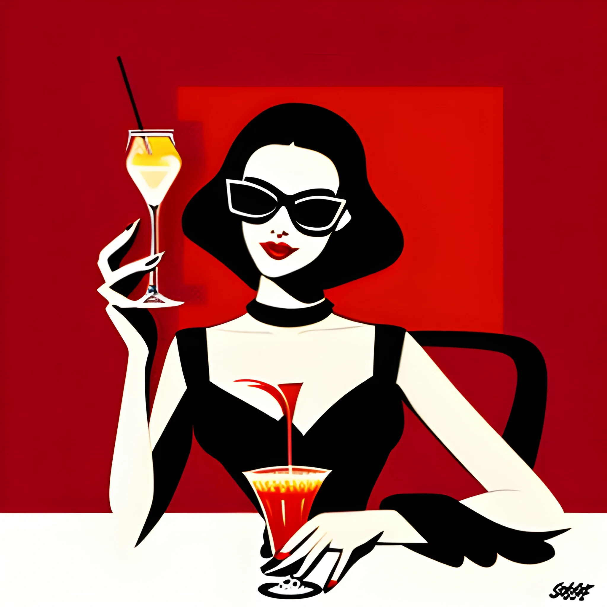 Retro art of a young woman in black and red shades is holding a cocktail 