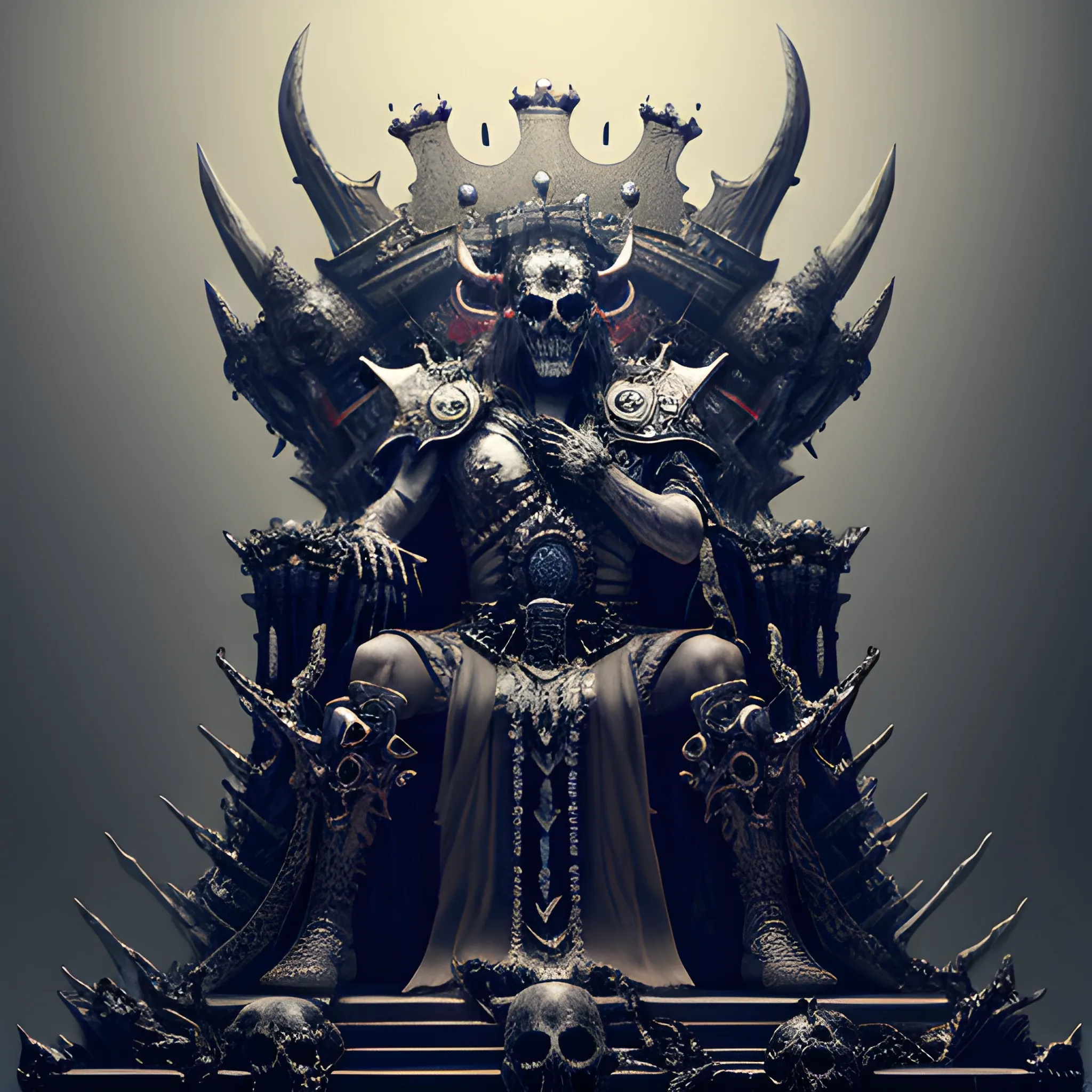 demon king in crown on a throne of bones and skulls, 8k, high resolution, high quality, photorealistic, hyperrealistic, detailed, detailed matte painting, deep color, fantastical, intricate detail, splash screen, complementary colors, fantasy concept art, 8k resolution trending on Artstation Unreal Engine 5