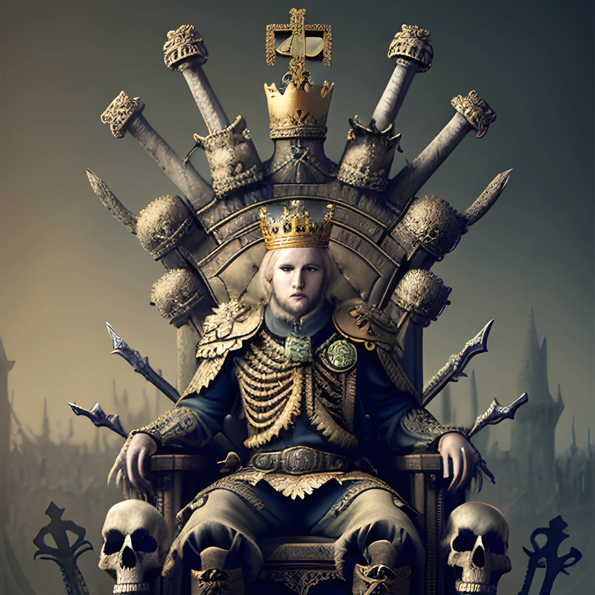 short haired blonde king in crown on a throne of bones and skulls, irish flag, 8k, high resolution, high quality, photorealistic, hyperrealistic, detailed, detailed matte painting, deep color, fantastical, intricate detail, splash screen, complementary colors, fantasy concept art, 8k resolution trending on Artstation Unreal Engine 5