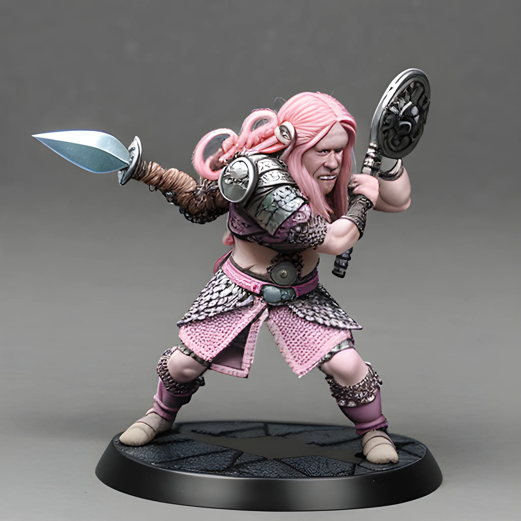 Firbolg using a chainmail, mace and shield, light and long pink hair with lateral braid, posing like running to protect 