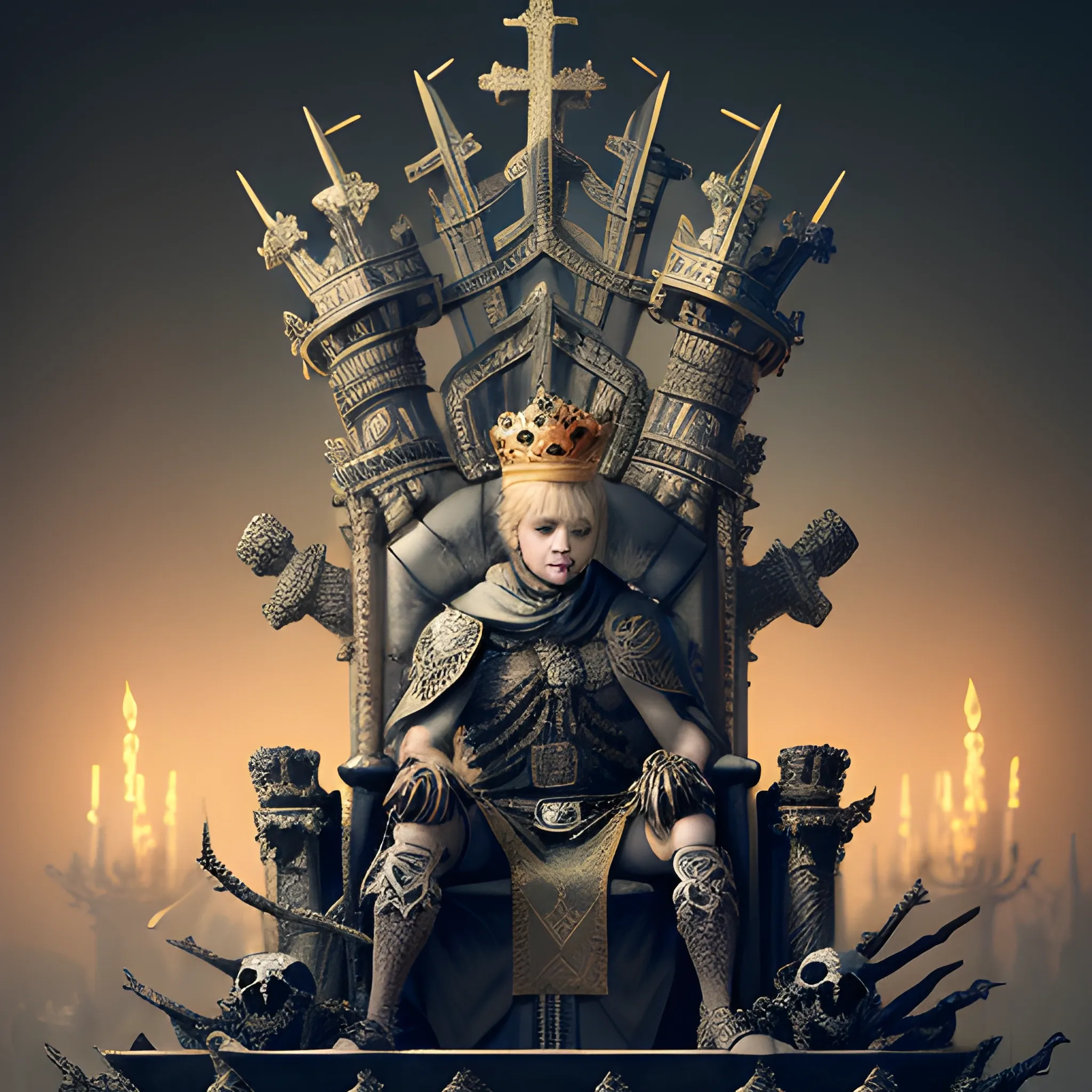 short haired blonde king in crown on a throne of bones and skulls, irish flag, short haired, 8k, high resolution, high quality, photorealistic, hyperrealistic, detailed, detailed matte painting, deep color, fantastical, intricate detail, splash screen, complementary colors, fantasy concept art, 8k resolution trending on Artstation Unreal Engine 5