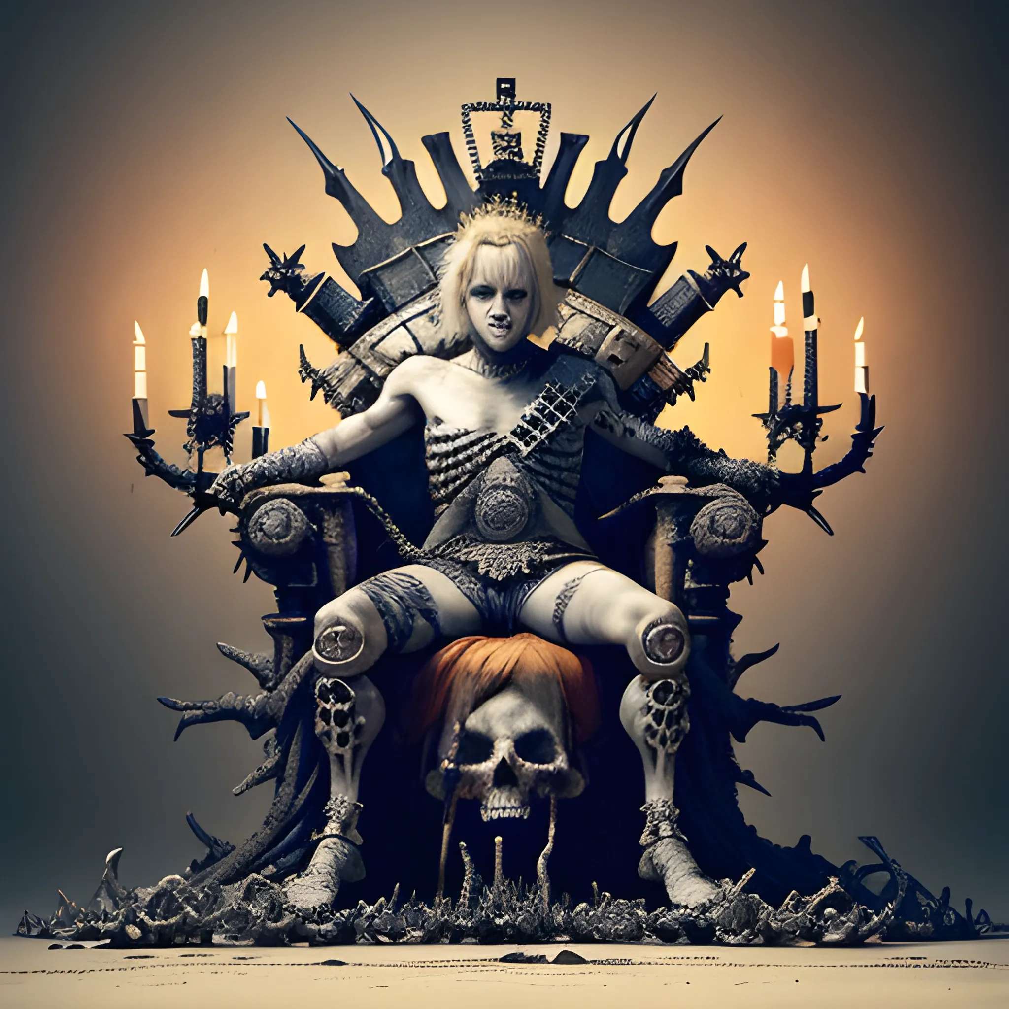 short haired blonde demon king in crown on a throne of bones and skulls, irish flag, short haired, 8k, high resolution, gory, high quality, photorealistic, hyperrealistic, detailed, detailed matte painting, deep color, fantastical, intricate detail, splash screen, complementary colors, fantasy concept art, 8k resolution trending on Artstation Unreal Engine 5