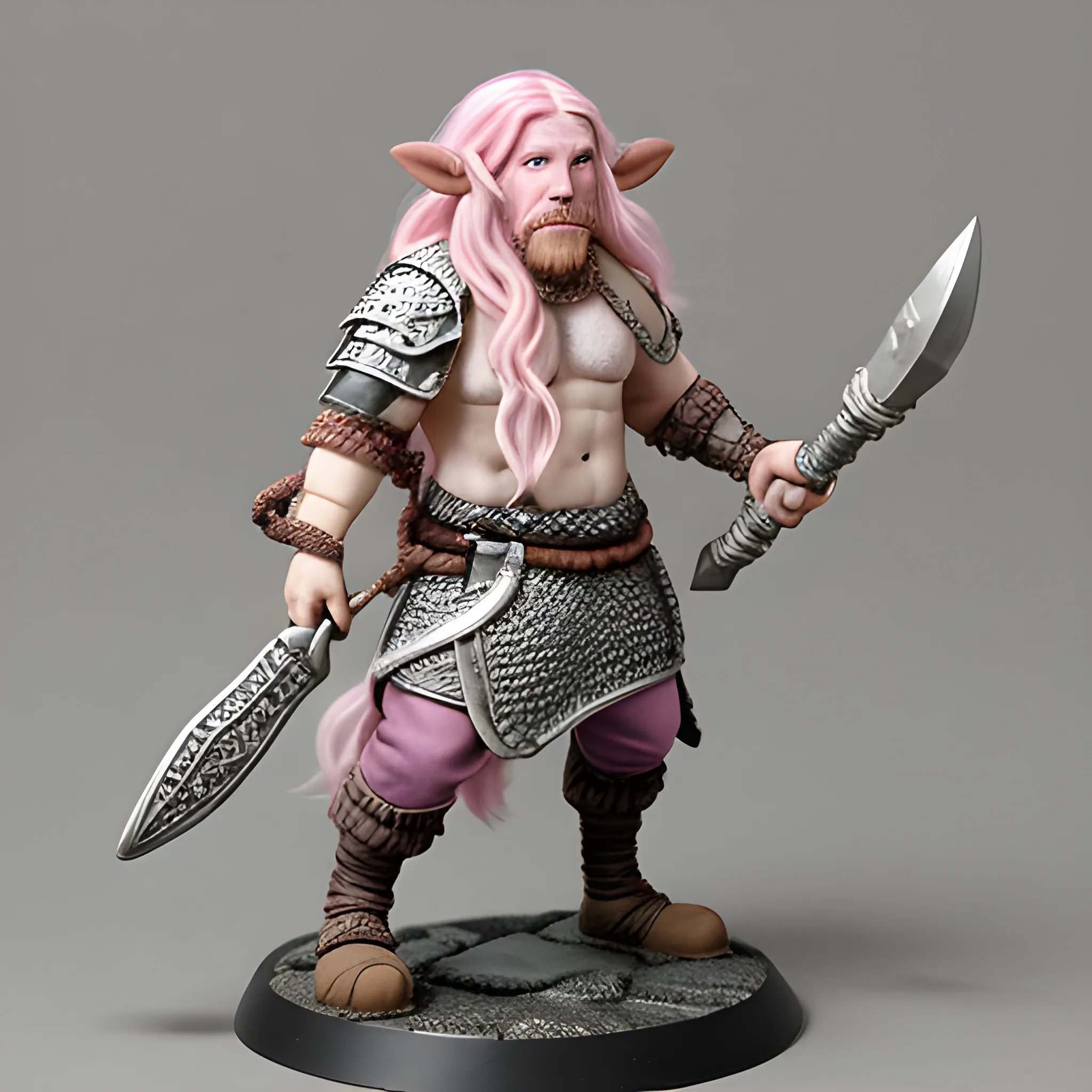 Firbolg with cow nose e long cow ears, using a chainmail, a mace in his right hand and a druid shield on left hand, light and long pink hair with lateral braid, posing like running rush with his shield foward 