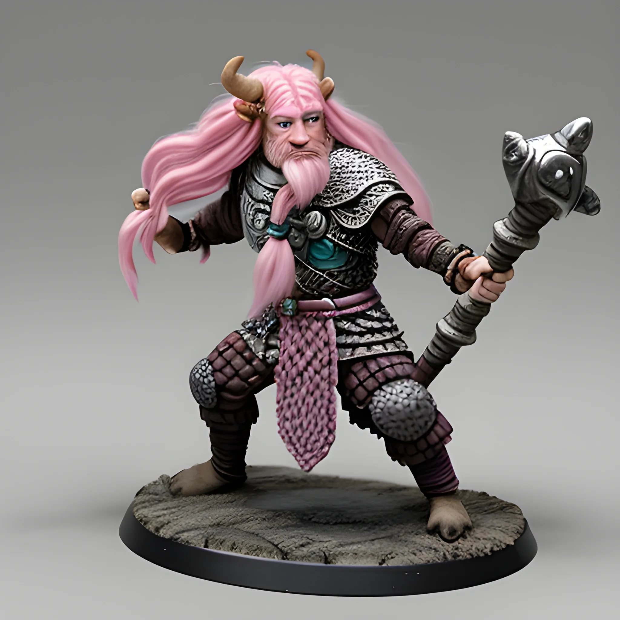 Firbolg with a cow nose e long cow ears, using a chainmail, a mace in his right hand and a druid shield on left hand, light and long pink hair with lateral braid, posing like running