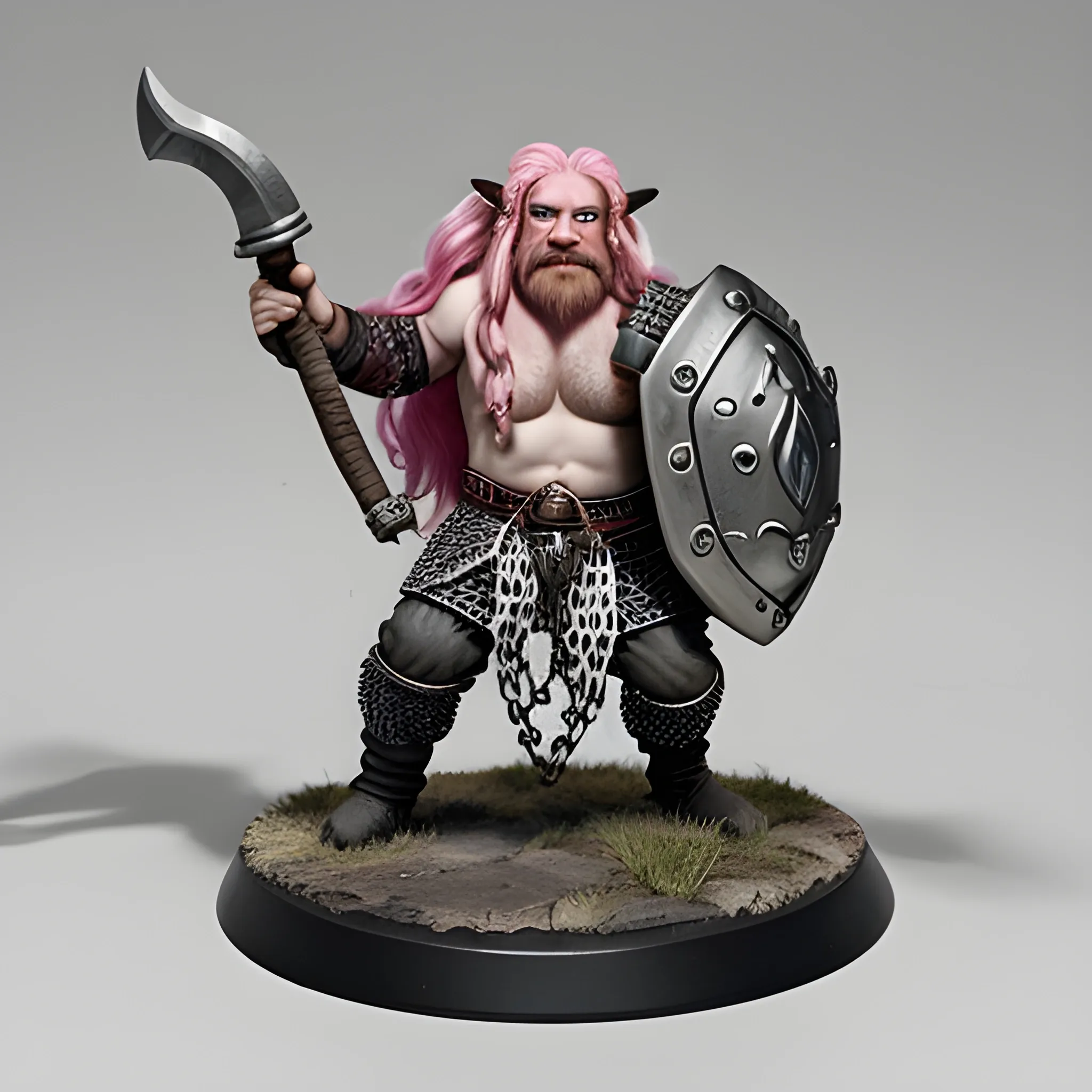 Firbolg with a cow nose, long cow ears and cow horns, short beard, using a chainmail, a mace in his right hand and a shield on his left hand, light and long pink hair with lateral braid, posing like running