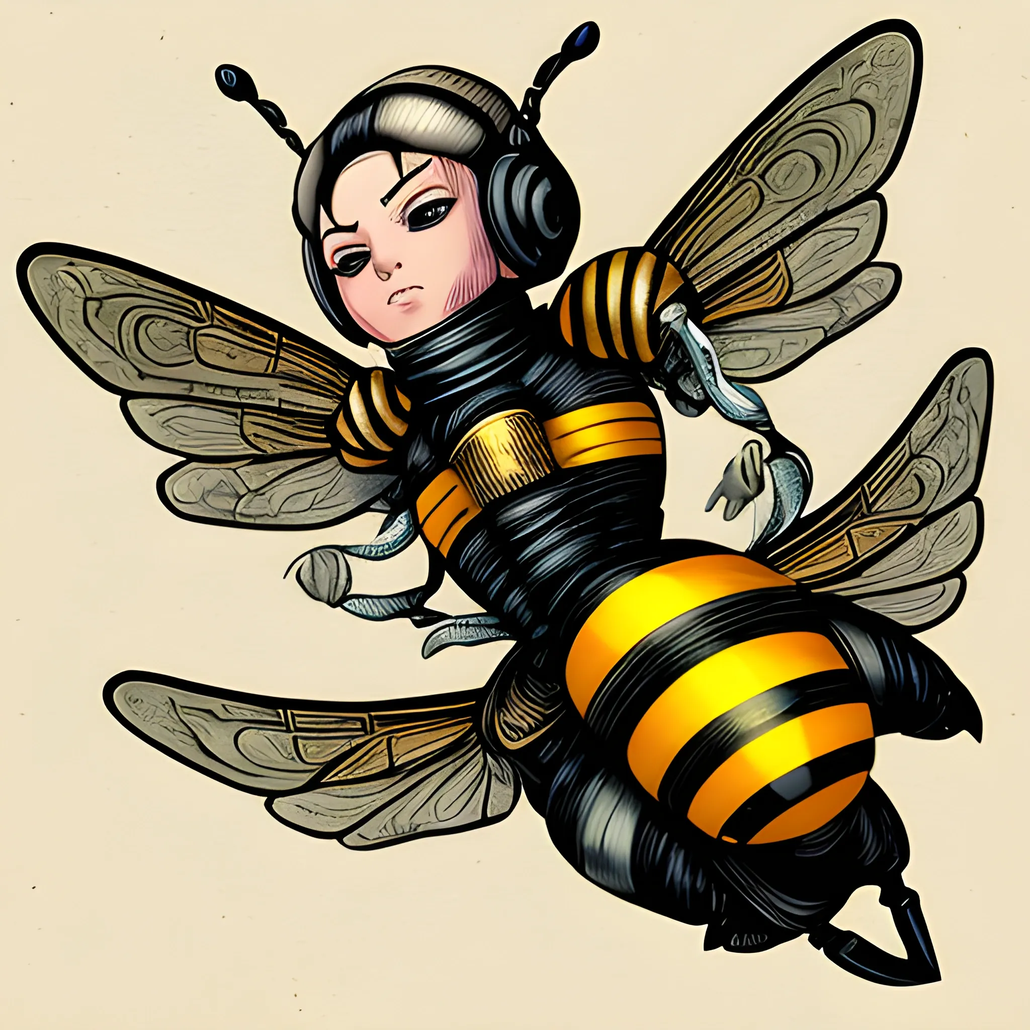 female steanpunk humanoid bee, flying with four wings, without sting holding a spear made with sting
