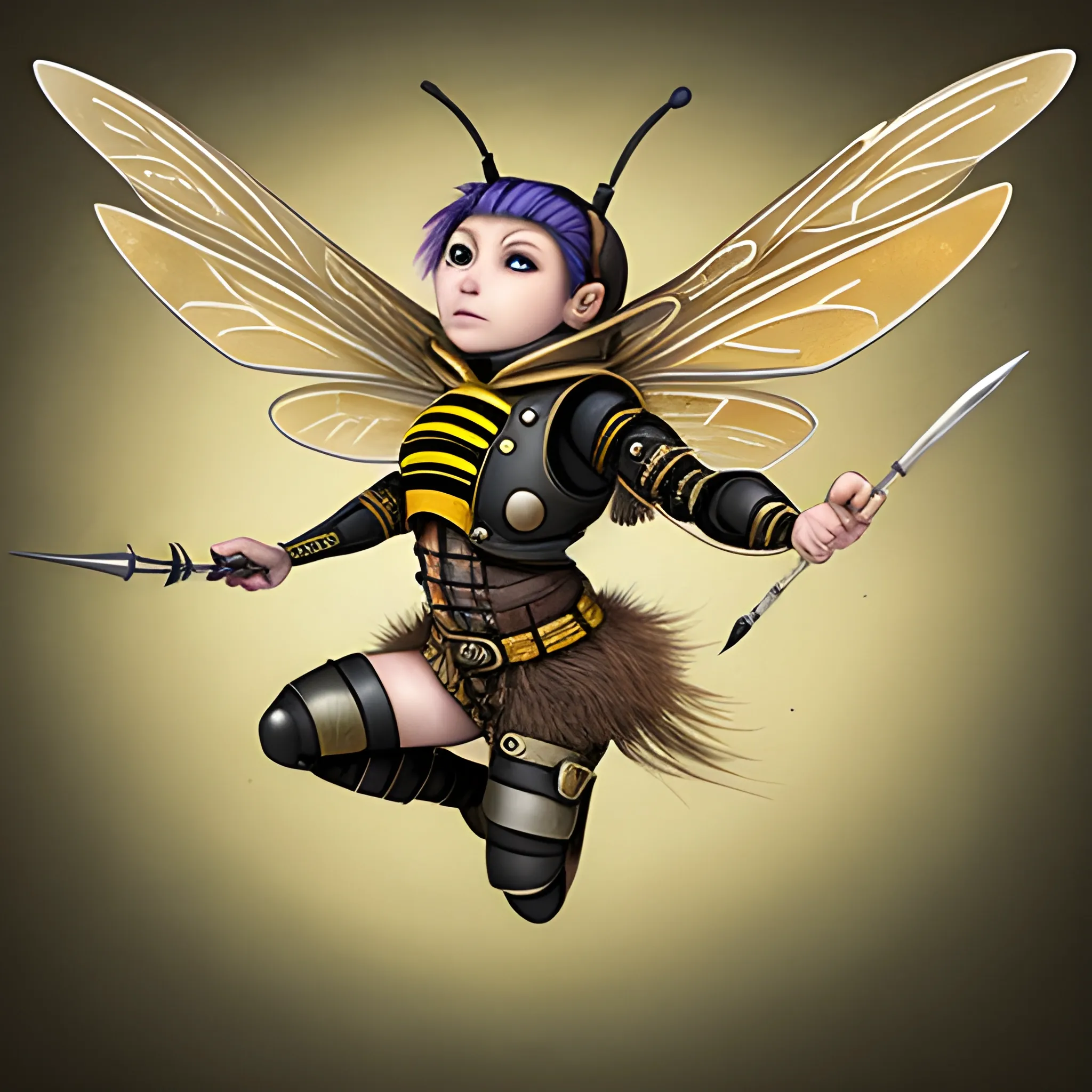 female steanpunk humanoid bee, flying with four wings, holding a spear made with sting
