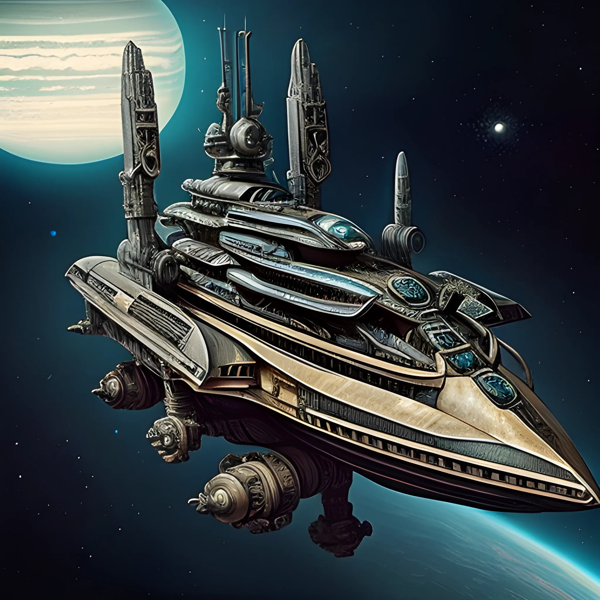 In this awe-inspiring blend of steampunk-inspired and futuristic elements, a unique starship takes center stage, designed by the genius imaginations of Mary Shelley & Tim Burton, & Ridley Scott. The starship is an amalgamation of iconic vehicles from different eras, including a 1980 Lamborghini, a 1960s Shelby Mustang, and a 1974 Winnebago. The ship's journey through the vast expanse near a Saturn-Earth-esque planet is brought to life in stunning 750k UHD.The intricate motherboard forms the backbone of the vessel, culminating in an imposing, frightful, & creepy Bengal Tiger's head is carved into the front. The ship's powerful artillery is visible in the background, while blue crystal diamond bat shaped nacelles adorn the rear. This captivating artwork ,dark fantasy.In this awe-inspiring blend of steampunk-inspired and futuristic elements, a unique starship takes center stage, designed by the genius imaginations of Mary Shelley & & Ridley Scott. The starship is an amalgamation of iconic vehicles from different eras, including a 1980 USA Submarine, a 1960s Shelby Mustang, and a 1974 Winnebago. The ship's journey through the vast expanse near a Saturn-Earth-esque planet is brought to life in stunning 750k UHD.The intricate motherboard forms the backbone of the vessel, culminating in an imposing, frightful, & creepy Bengal Tiger's head is carved into the front. The ship's powerful artillery is visible in the background, while blue crystal diamond tiger tail shaped nacelles adorn the rear.