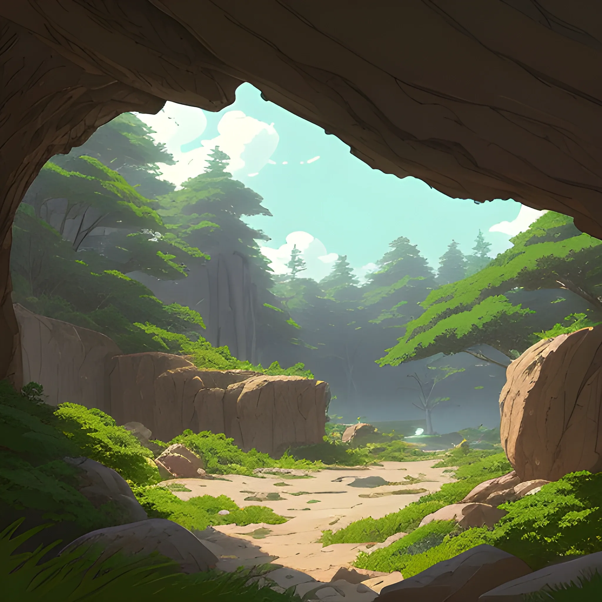 horizontal view with bush and rocks... in the style of makoto shinkai and greg rutkowski and albert bierstadt and james gurney, Cartoon