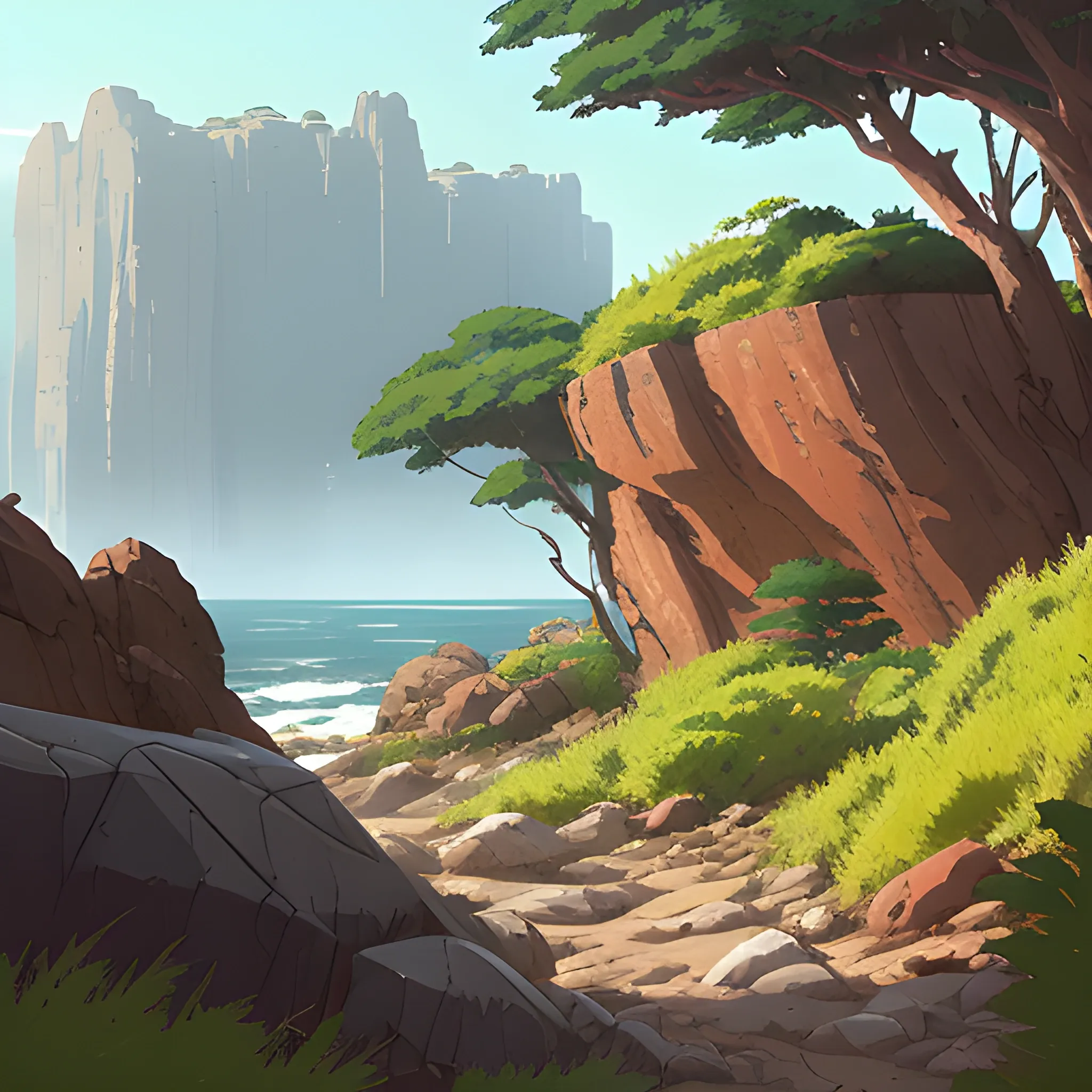 horizontal view with bush and rocks... in the style of makoto shinkai and greg rutkowski and albert bierstadt and james gurney, Cartoon