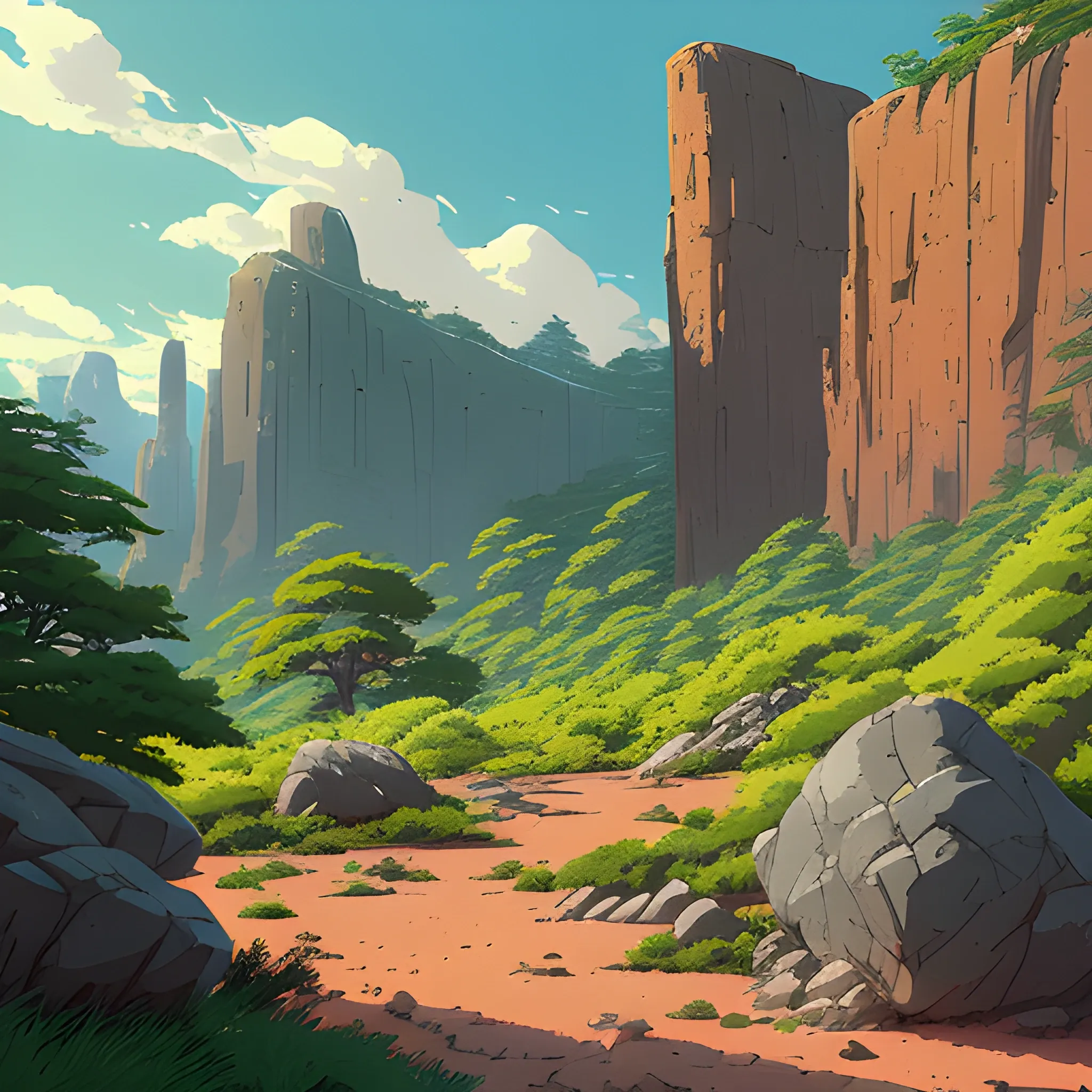 horizontal view with bush and rocks... in the style of makoto shinkai and greg rutkowski and albert bierstadt and james gurney, Cartoon