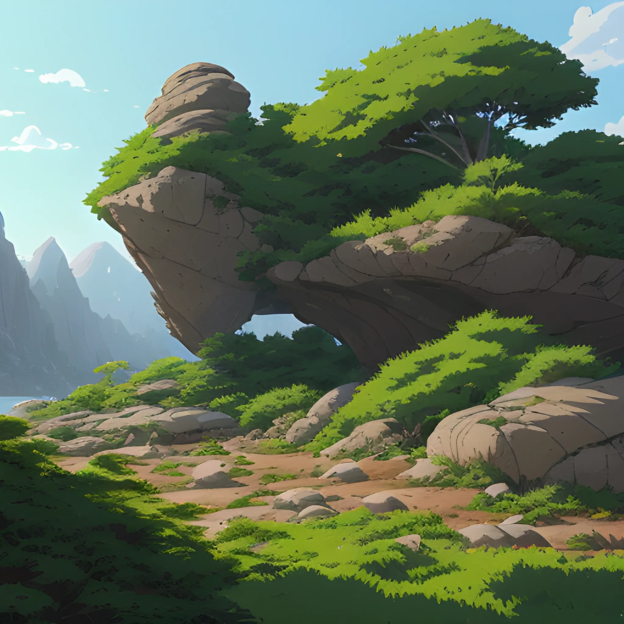 horizontal view with bush and rocks... in the style of makoto shinkai and greg rutkowski and albert bierstadt and james gurney, Cartoon