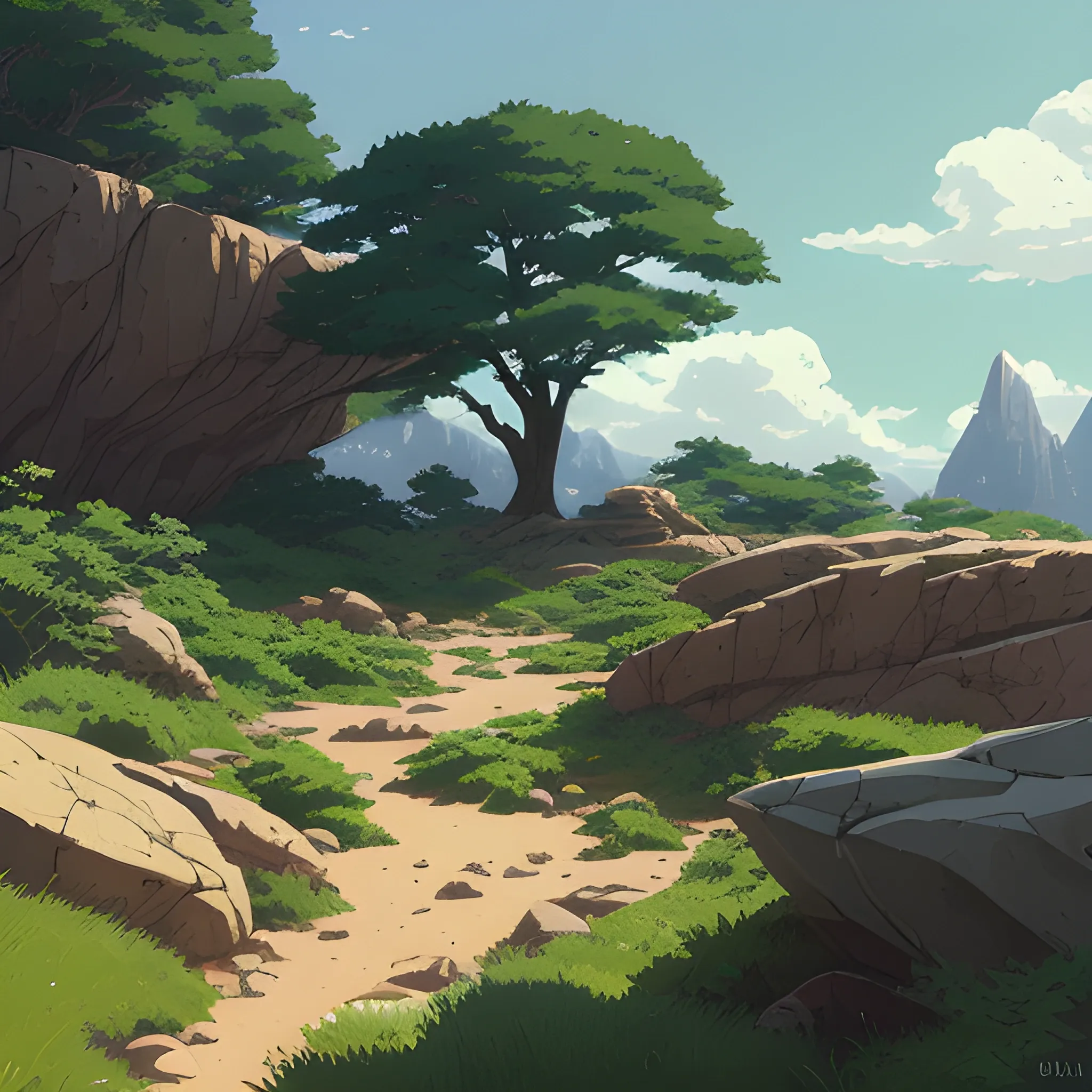 horizontal view with bush and rocks... in the style of makoto shinkai and greg rutkowski and albert bierstadt and james gurney, Cartoon